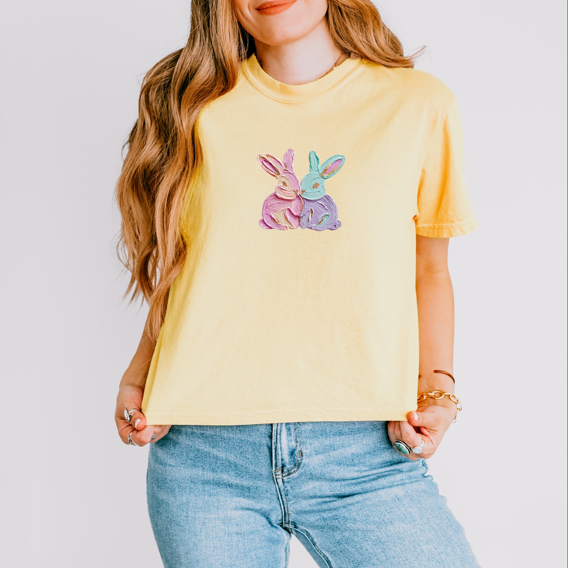 Two Bunnies Paint Print - Women's Boxy Crop Top Graphic T-Shirt