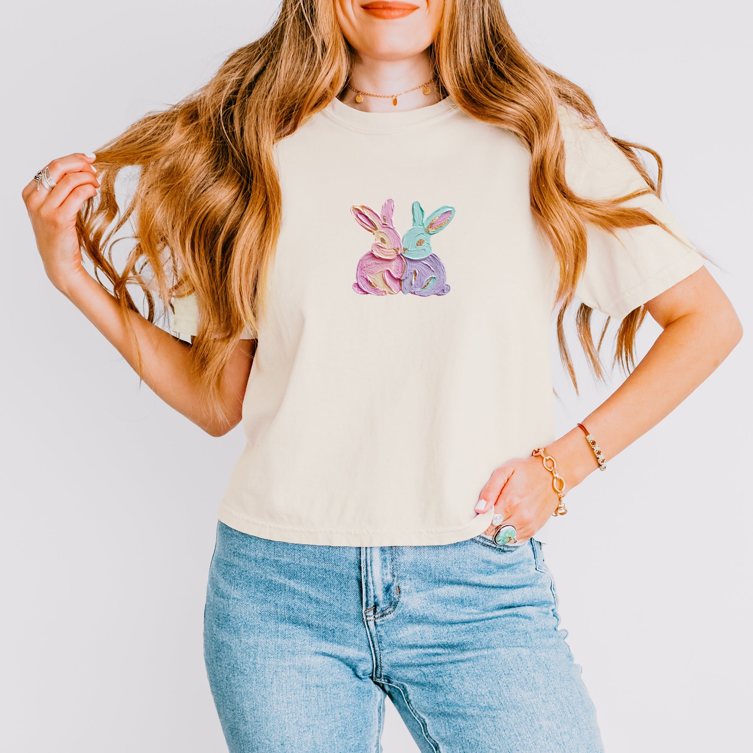 Two Bunnies Paint Print - Women's Boxy Crop Top Graphic T-Shirt