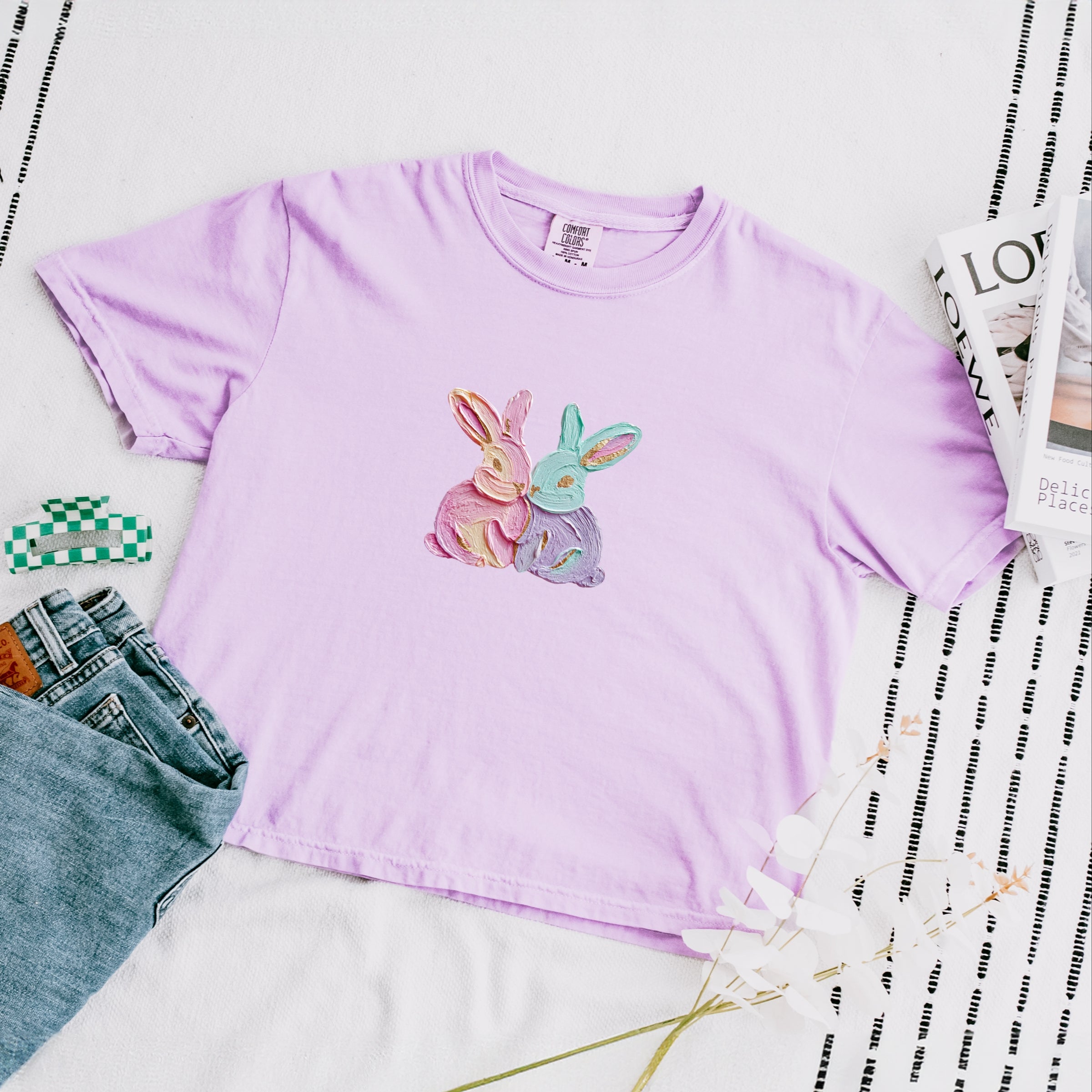 Two Bunnies Paint Print - Women's Boxy Crop Top Graphic T-Shirt