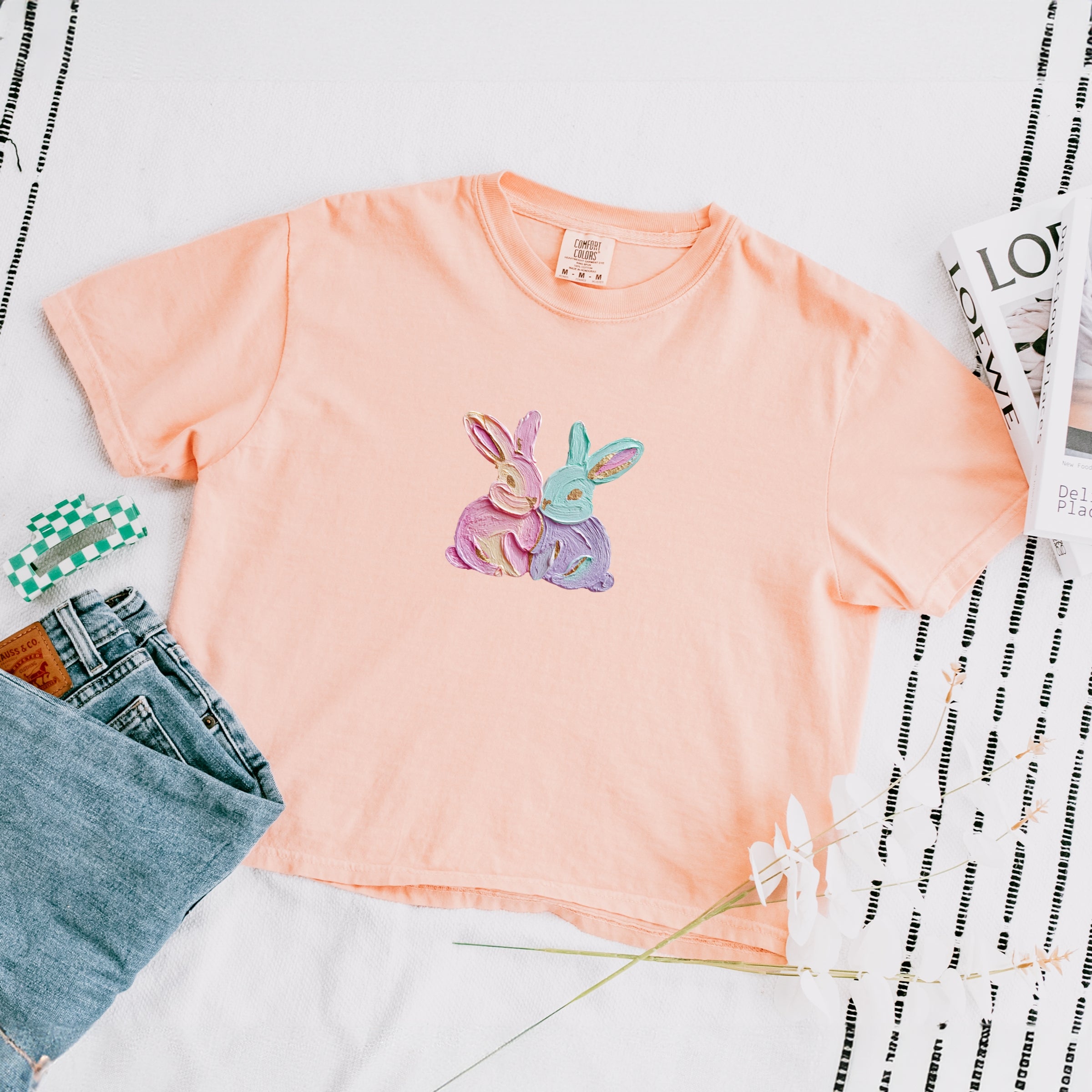 Two Bunnies Paint Print - Women's Boxy Crop Top Graphic T-Shirt