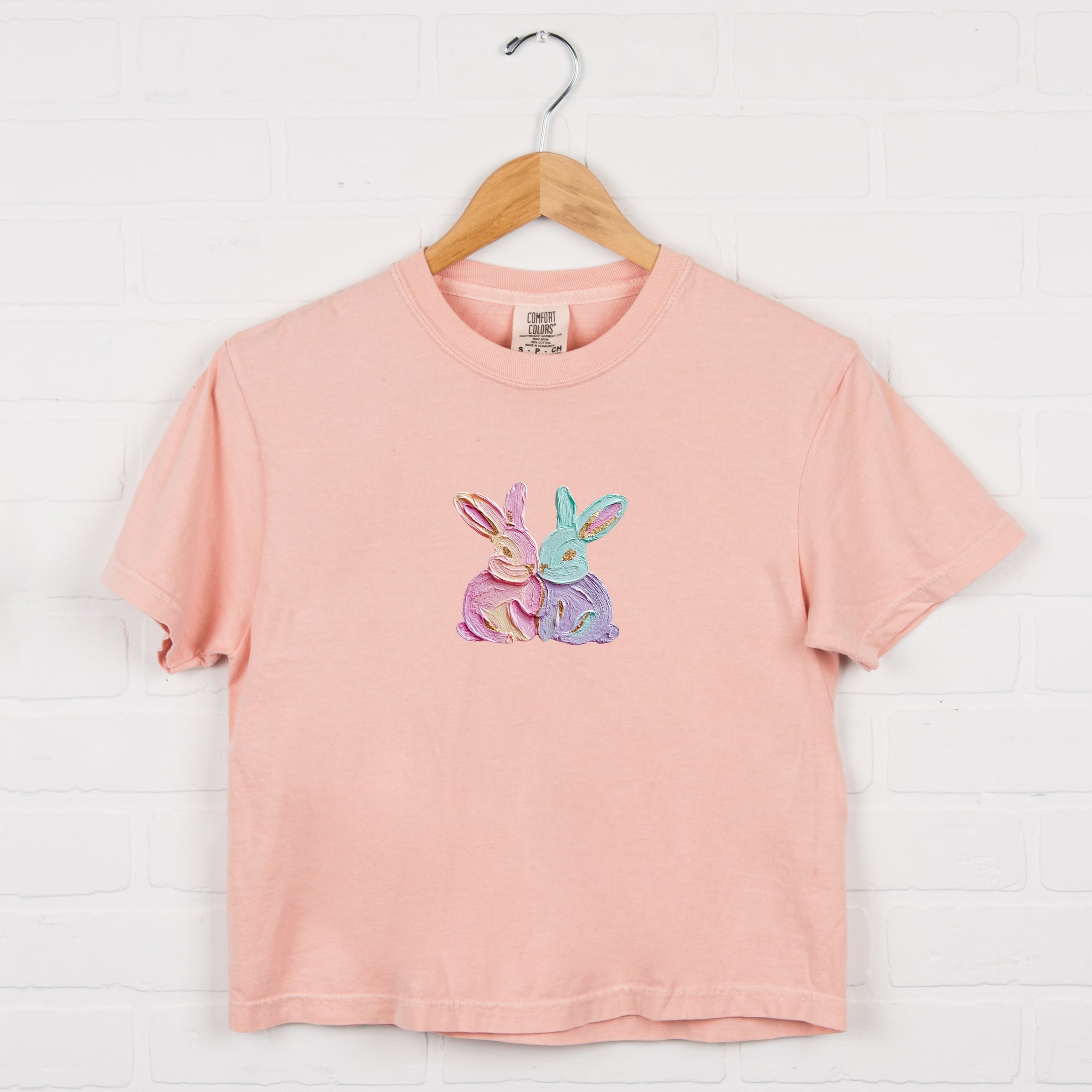 Two Bunnies Paint Print - Women's Boxy Crop Top Graphic T-Shirt
