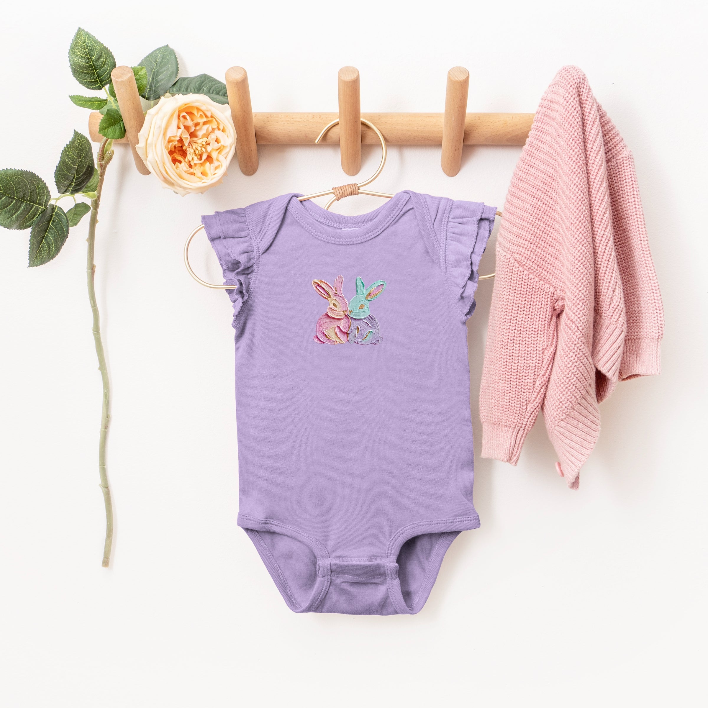 Two Bunnies Paint Print - Baby Flutter Sleeve Bodysuit
