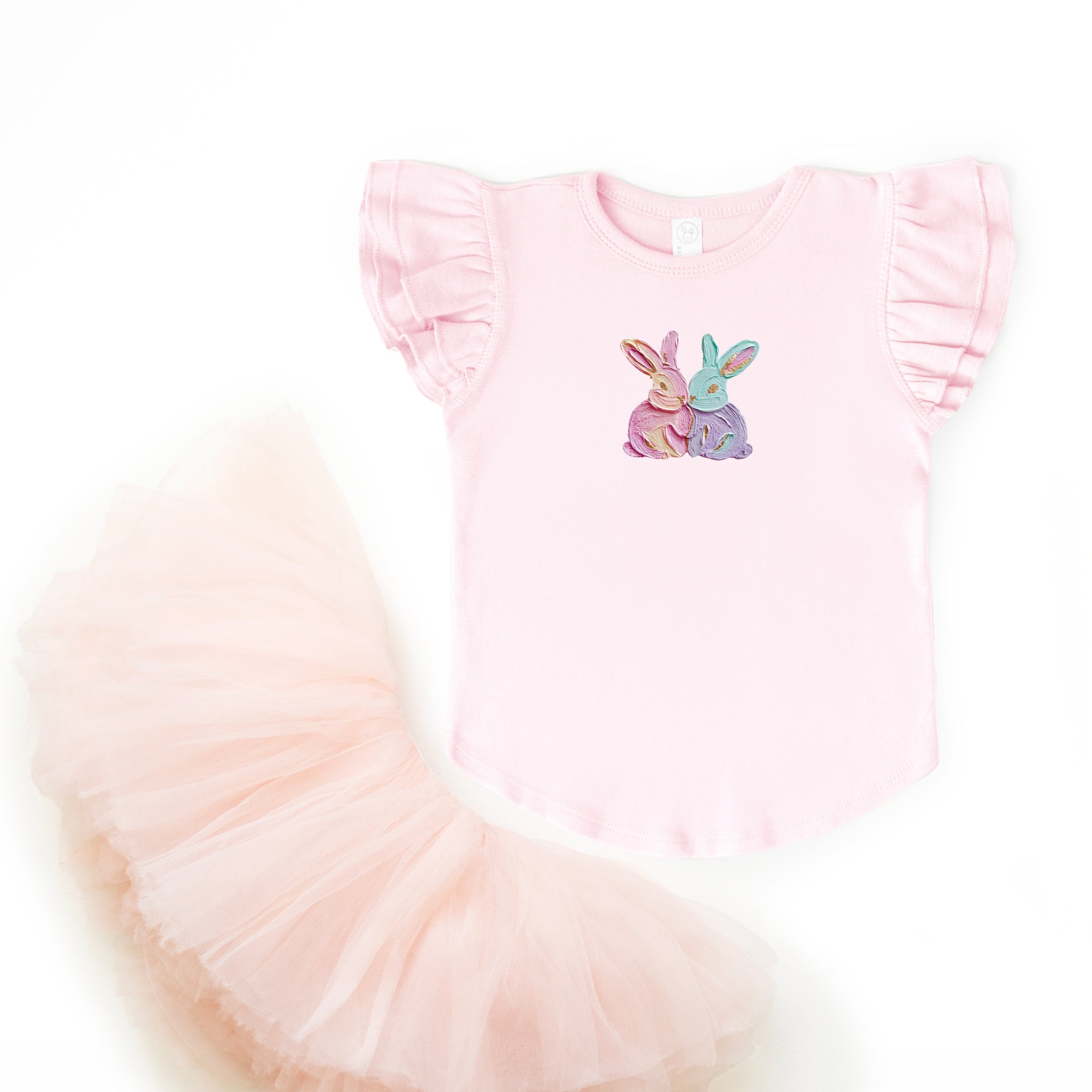 Two Bunnies Paint Print - Flutter Sleeve Graphic T-Shirt