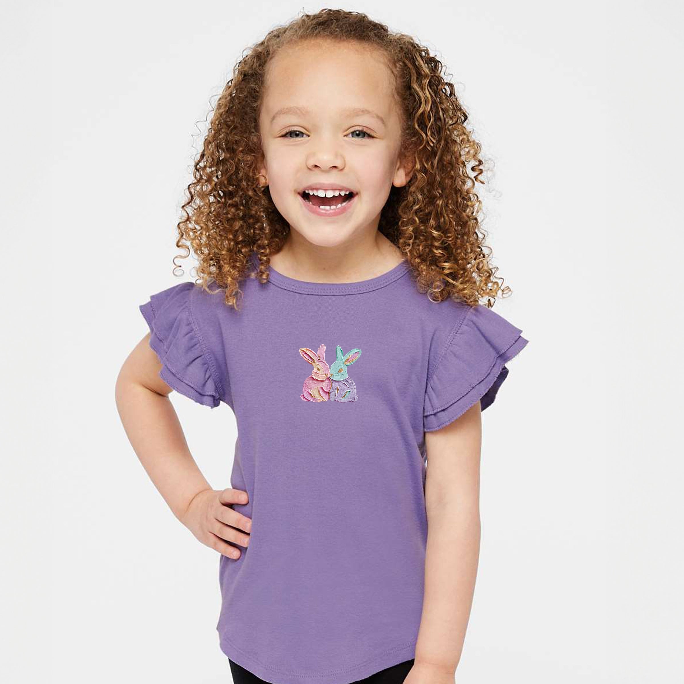 Two Bunnies Paint Print - Flutter Sleeve Graphic T-Shirt