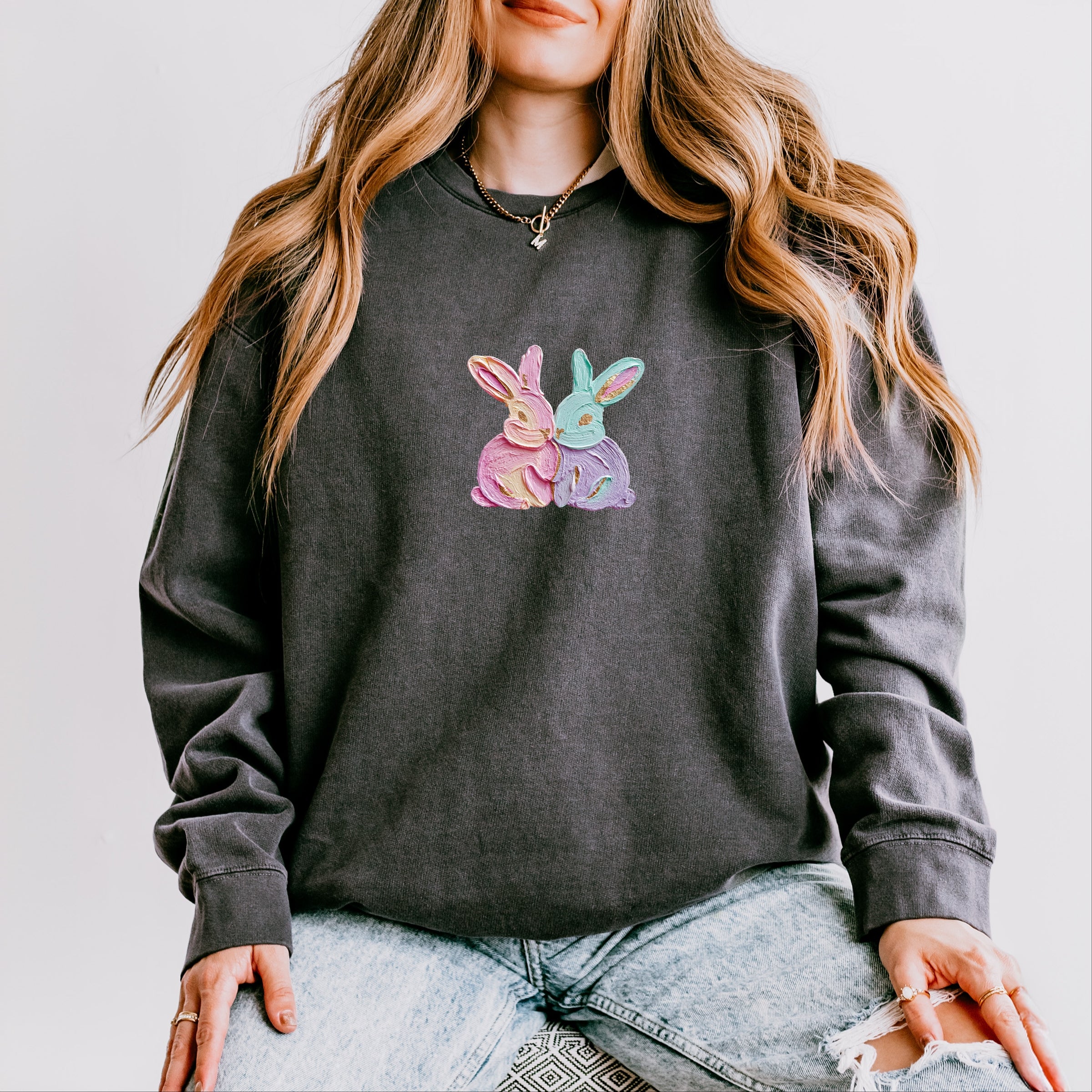 Two Bunnies Paint Print - Women's Lightweight Garment Dyed Sweatshirt