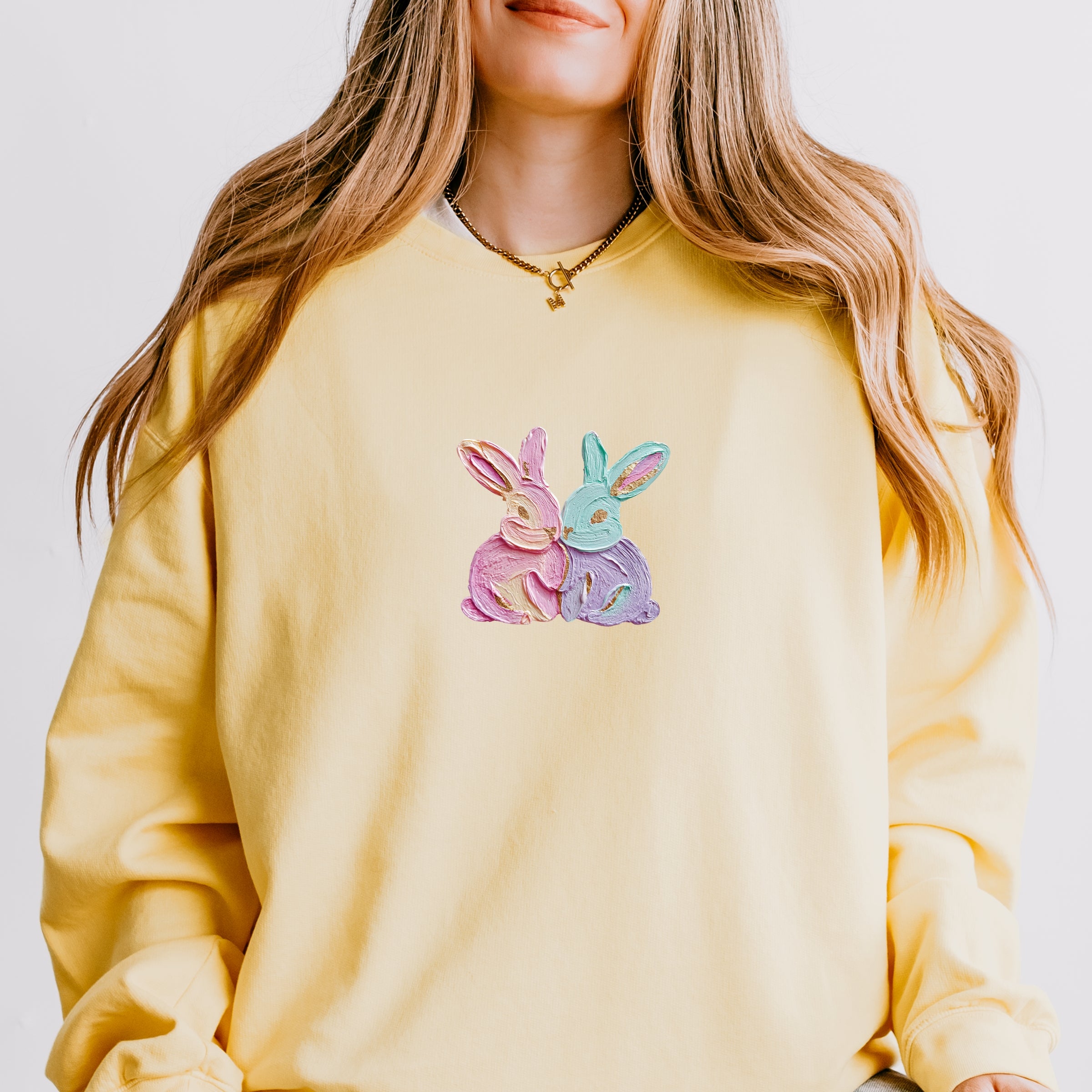 Two Bunnies Paint Print - Women's Lightweight Garment Dyed Sweatshirt