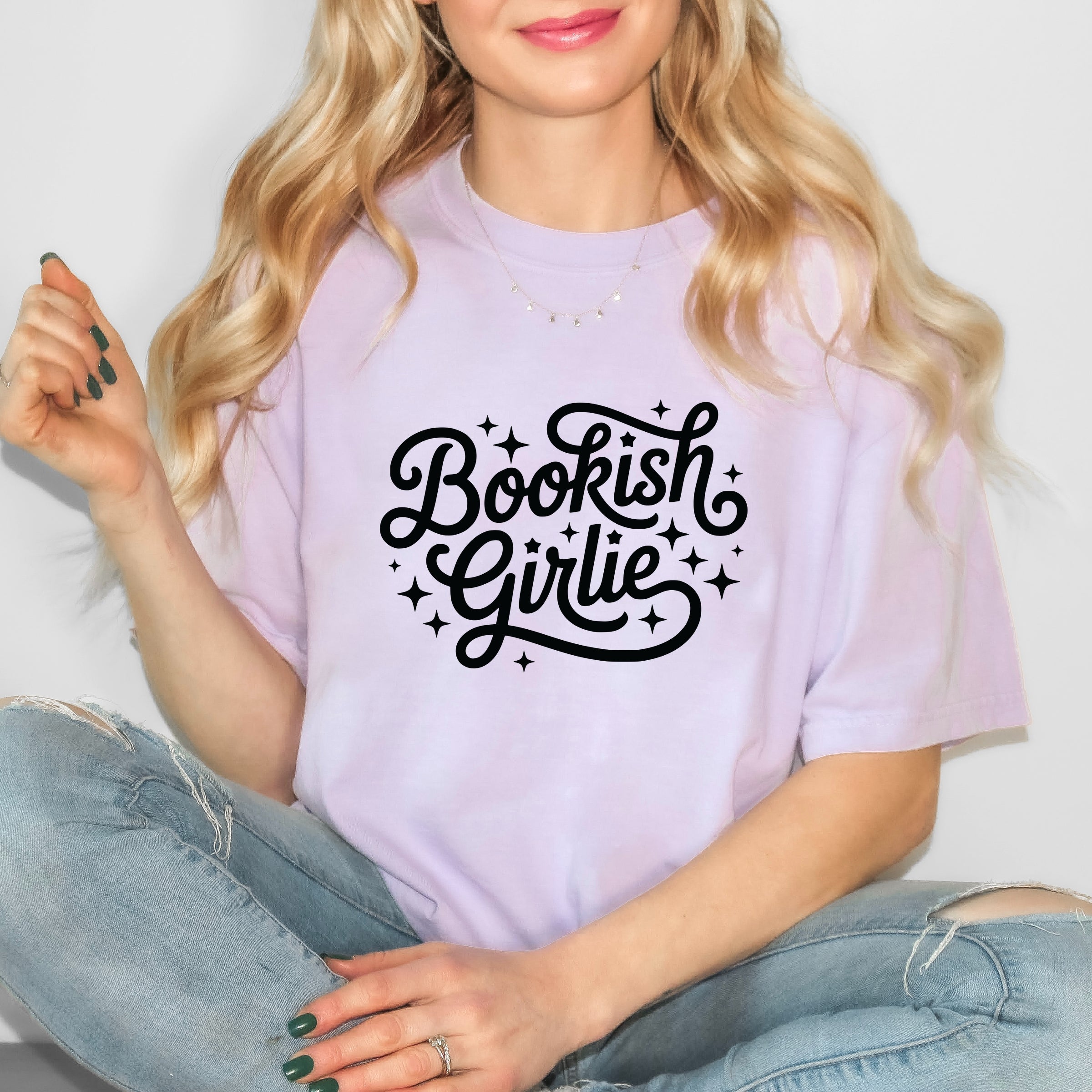 Bookish Girlie Cursive Stars - Women's Garment Dyed Graphic T-Shirt