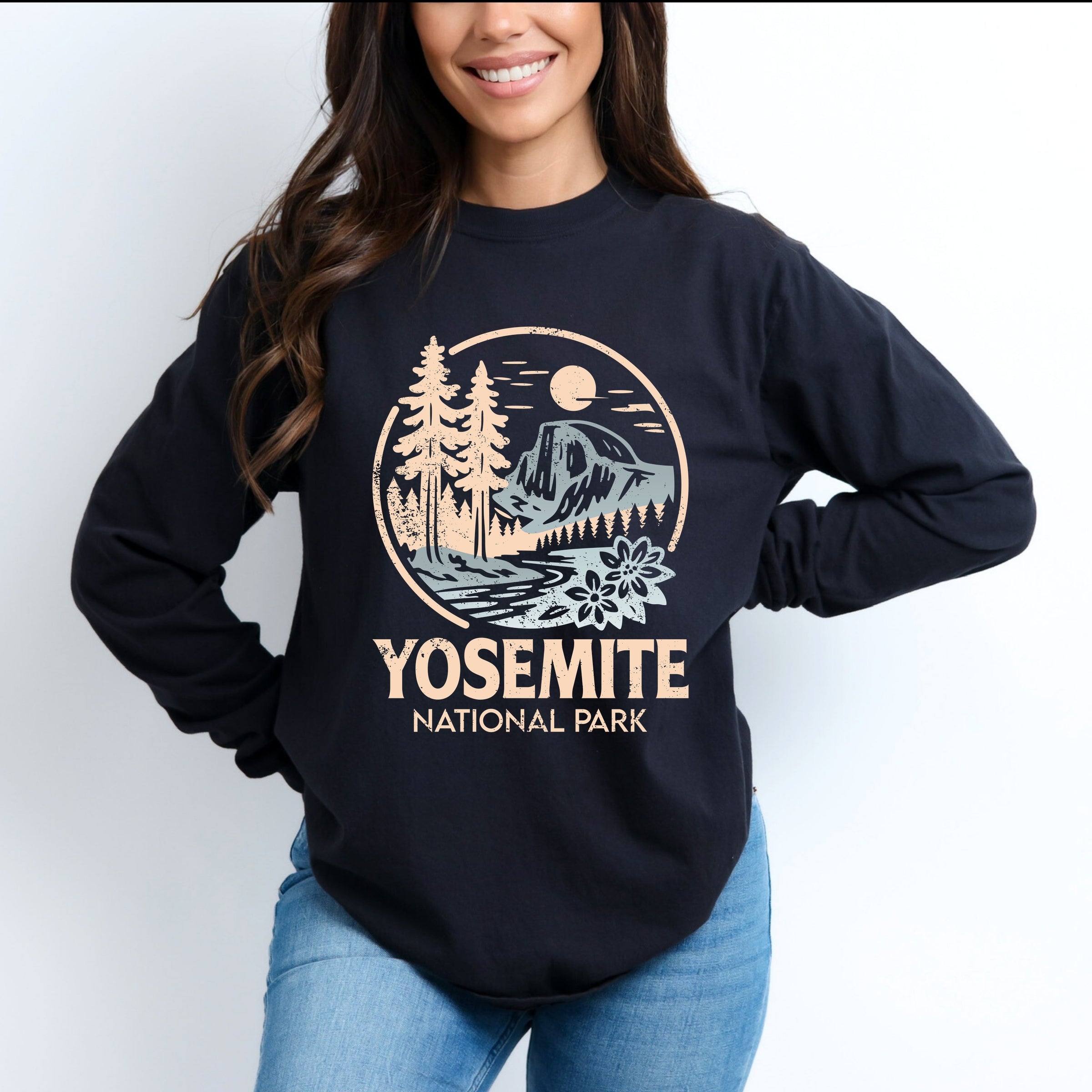 Yosemite National Park Two-Toned Circle - Women's Garment Dyed Long Sleeve Graphic T-Shirt