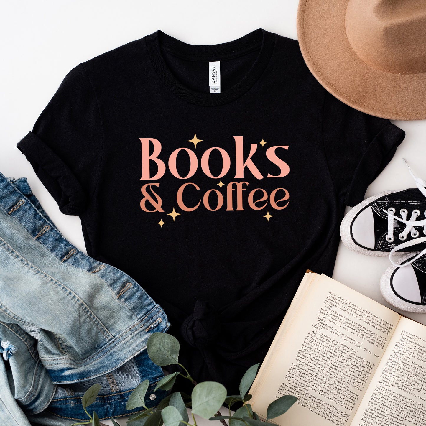 Books And Coffee Stars | Short Sleeve Graphic Tee