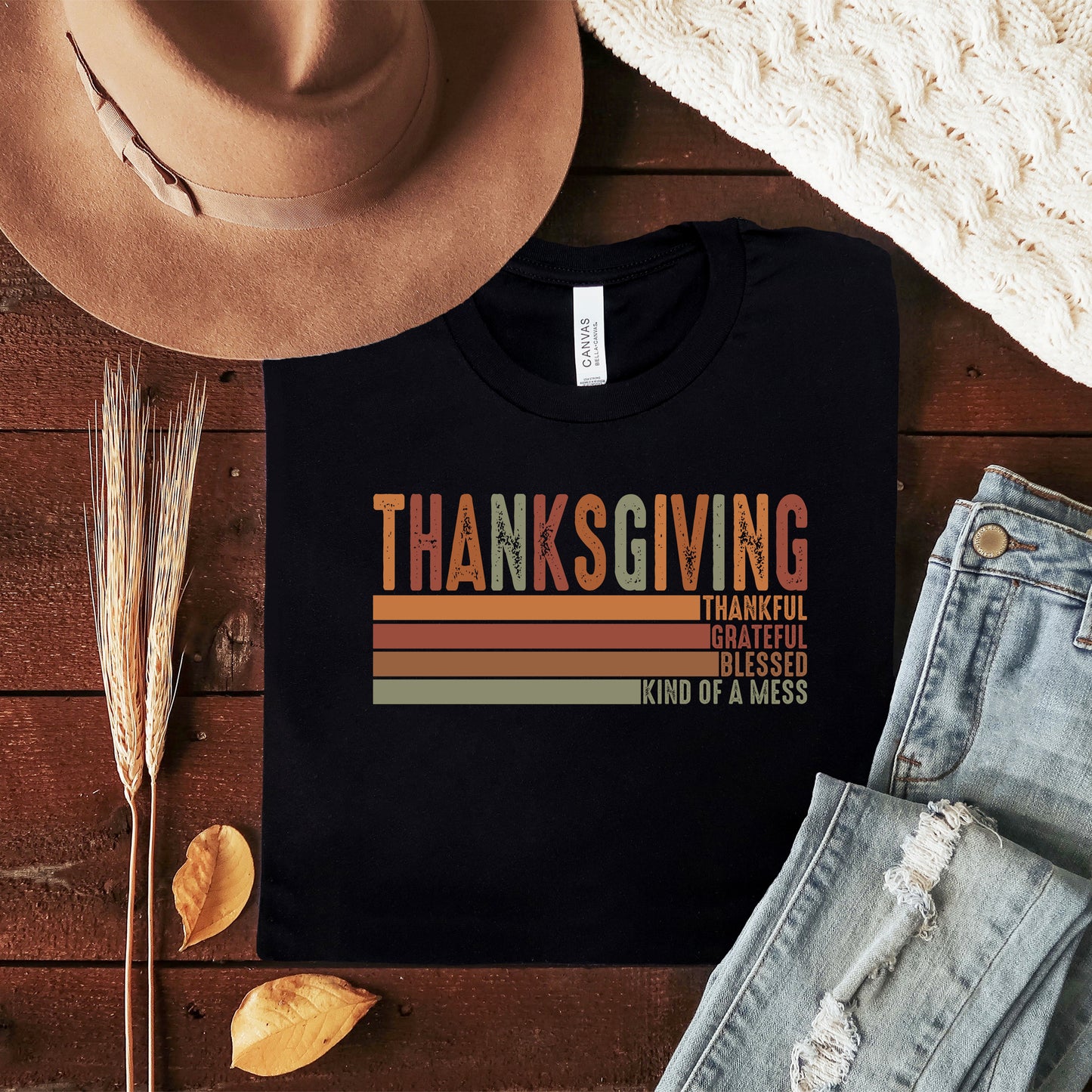Thanksgiving Striped Distressed | Short Sleeve Crew Neck