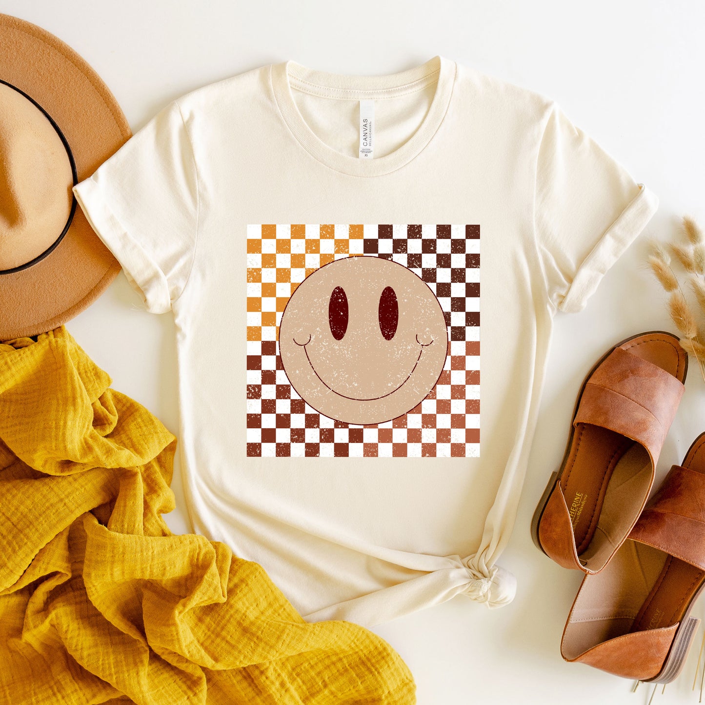 Fall Checkered Smiley | Short Sleeve Crew Neck