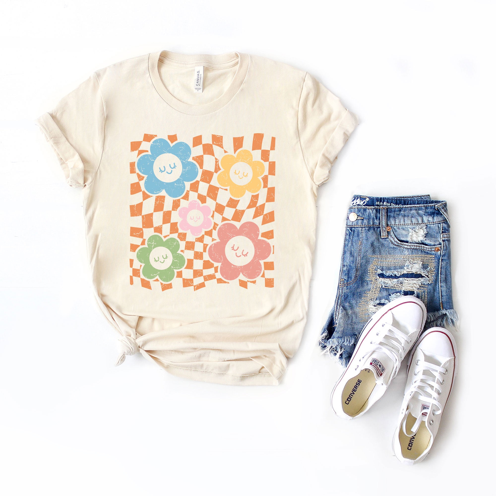 Checkered Flowers And Smiley | Short Sleeve Graphic Tee