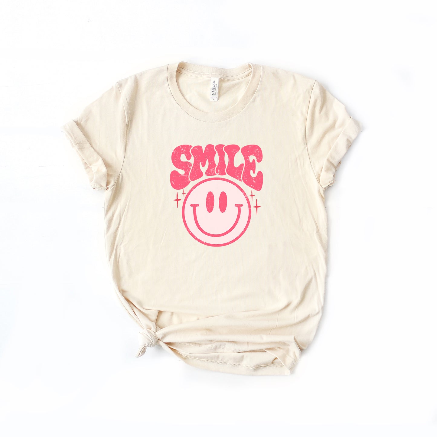 Pink Smiley Distressed | Short Sleeve Crew Neck