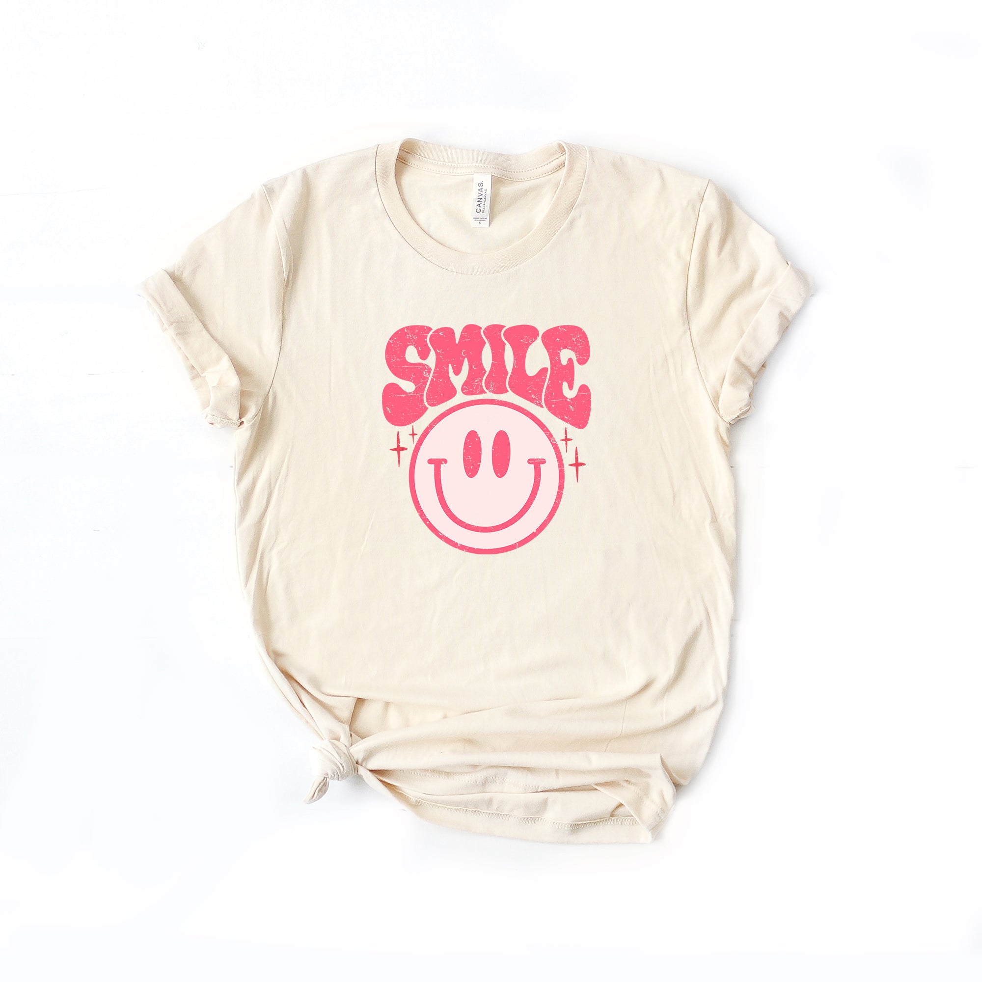 Pink Smiley Distressed | Short Sleeve Crew Neck