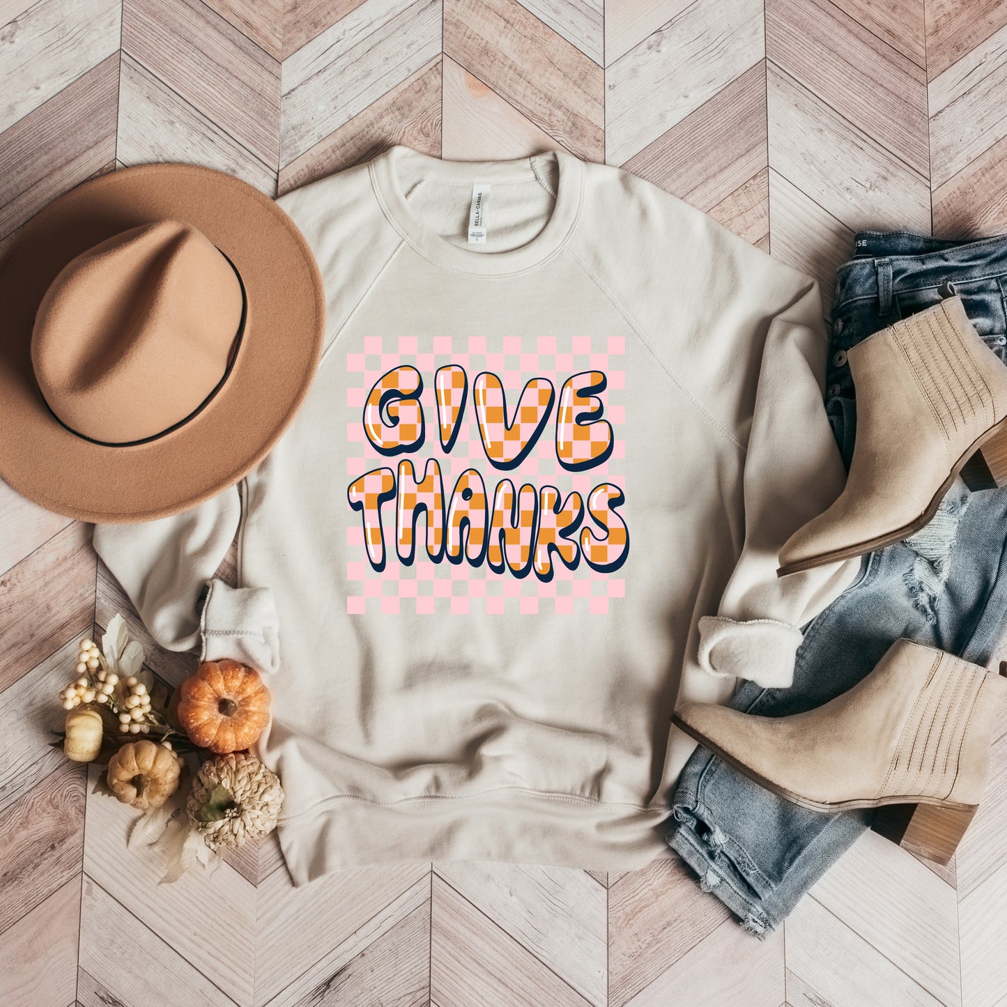 Give Thanks Checkered | Bella Canvas Sweatshirt