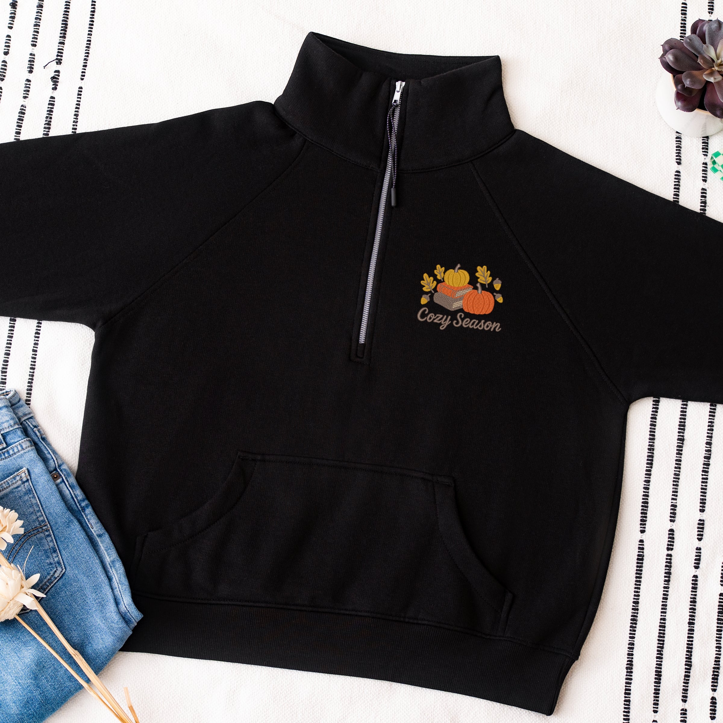 Embroidered Cozy Season Books - Women's Quarter Zip Fleece