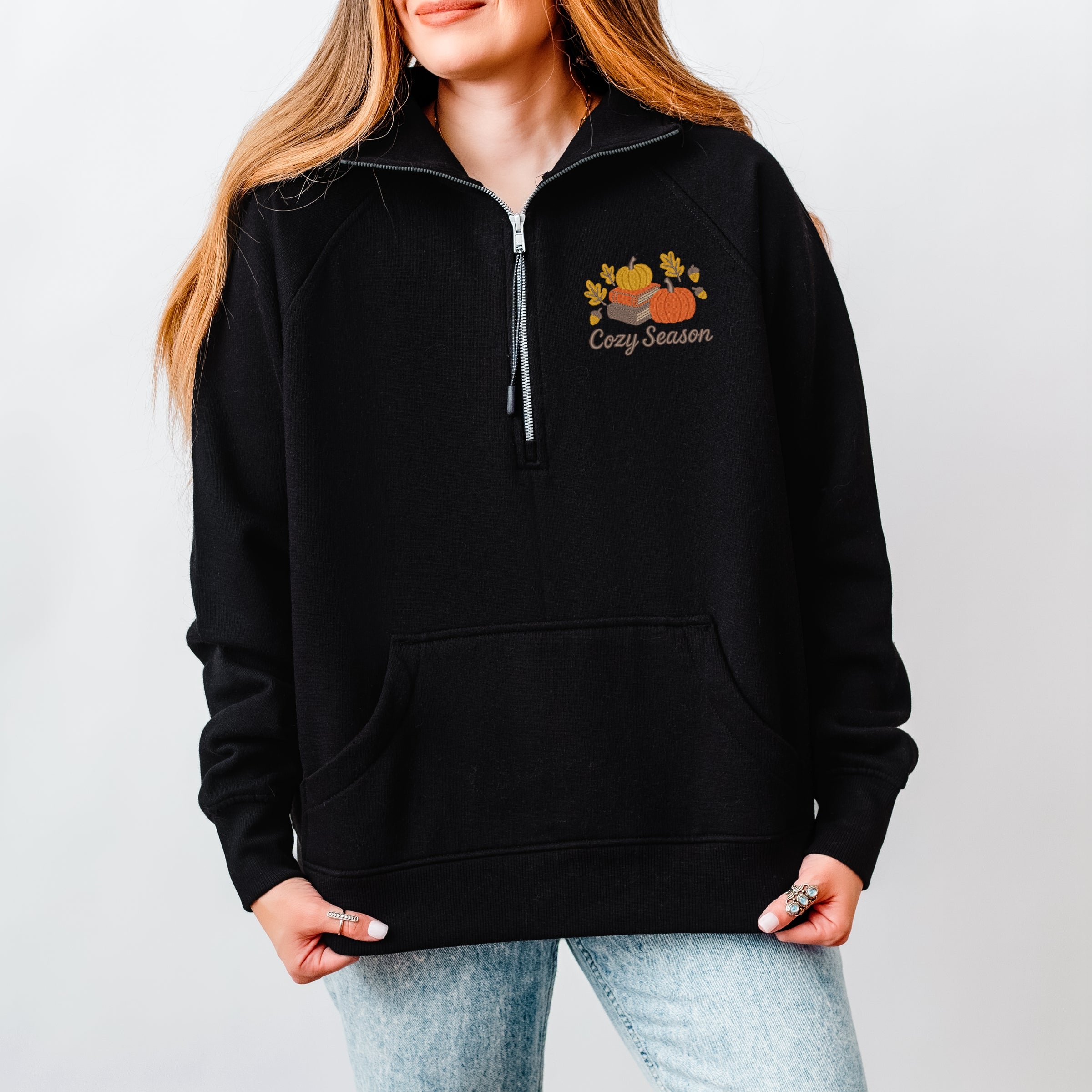Embroidered Cozy Season Books - Women's Quarter Zip Fleece