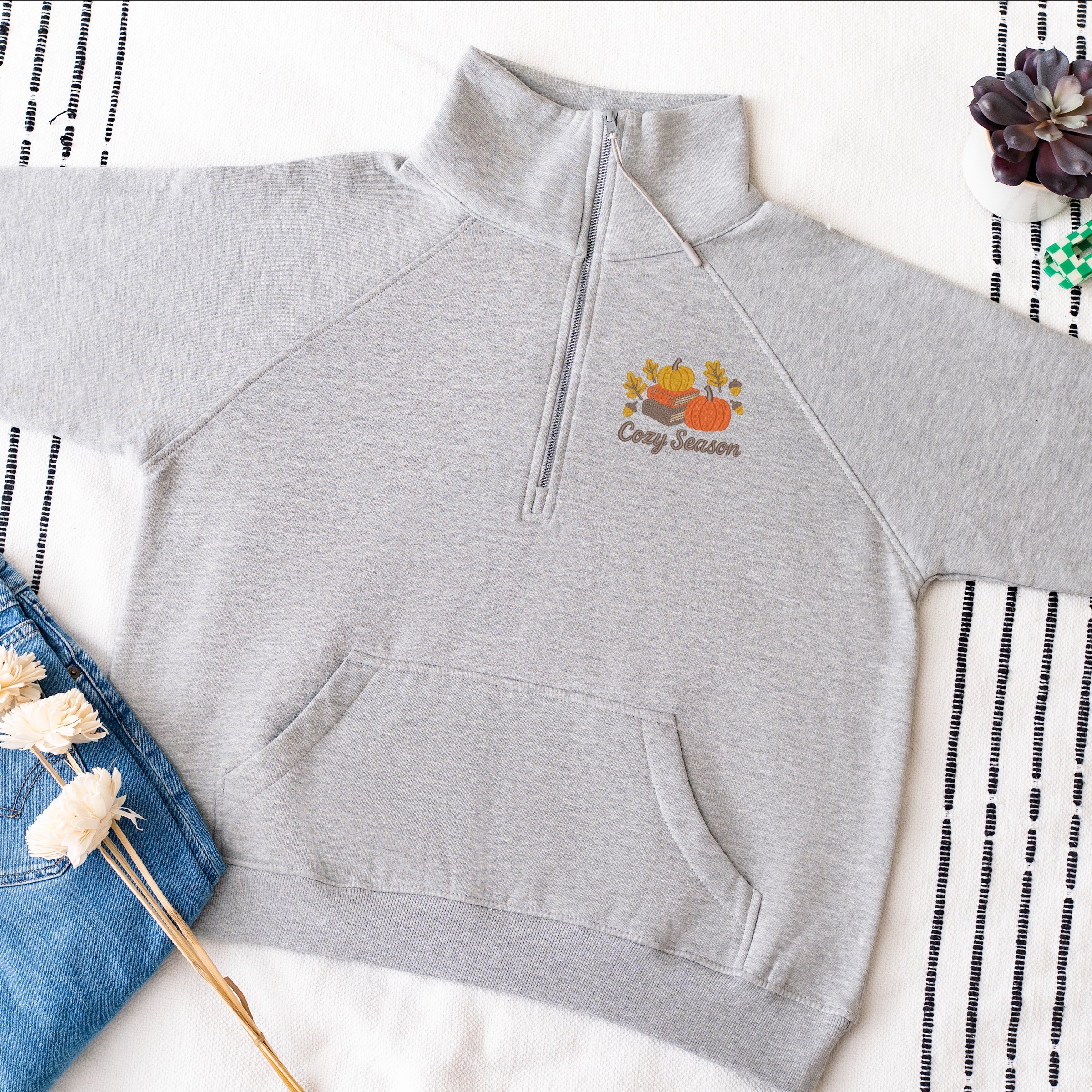 Embroidered Cozy Season Books - Women's Quarter Zip Fleece