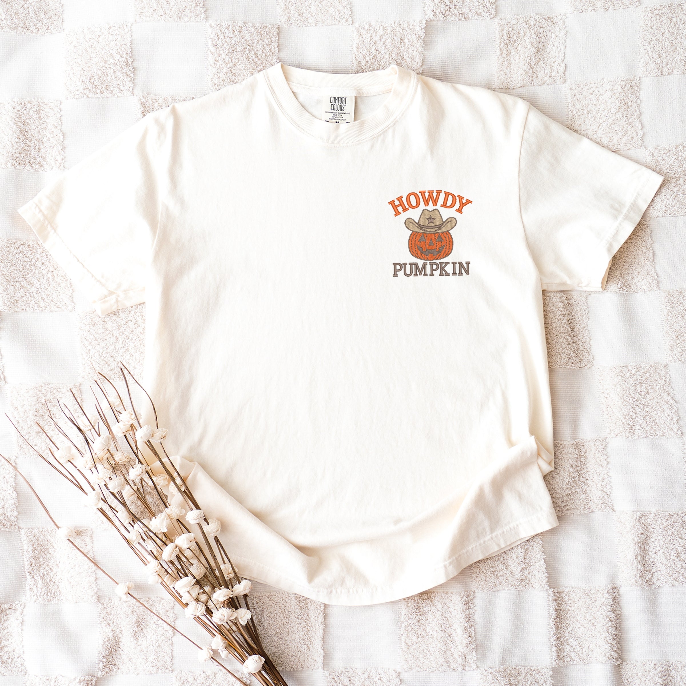 Embroidered Howdy Pumpkin - Women's Garment Dyed Tee