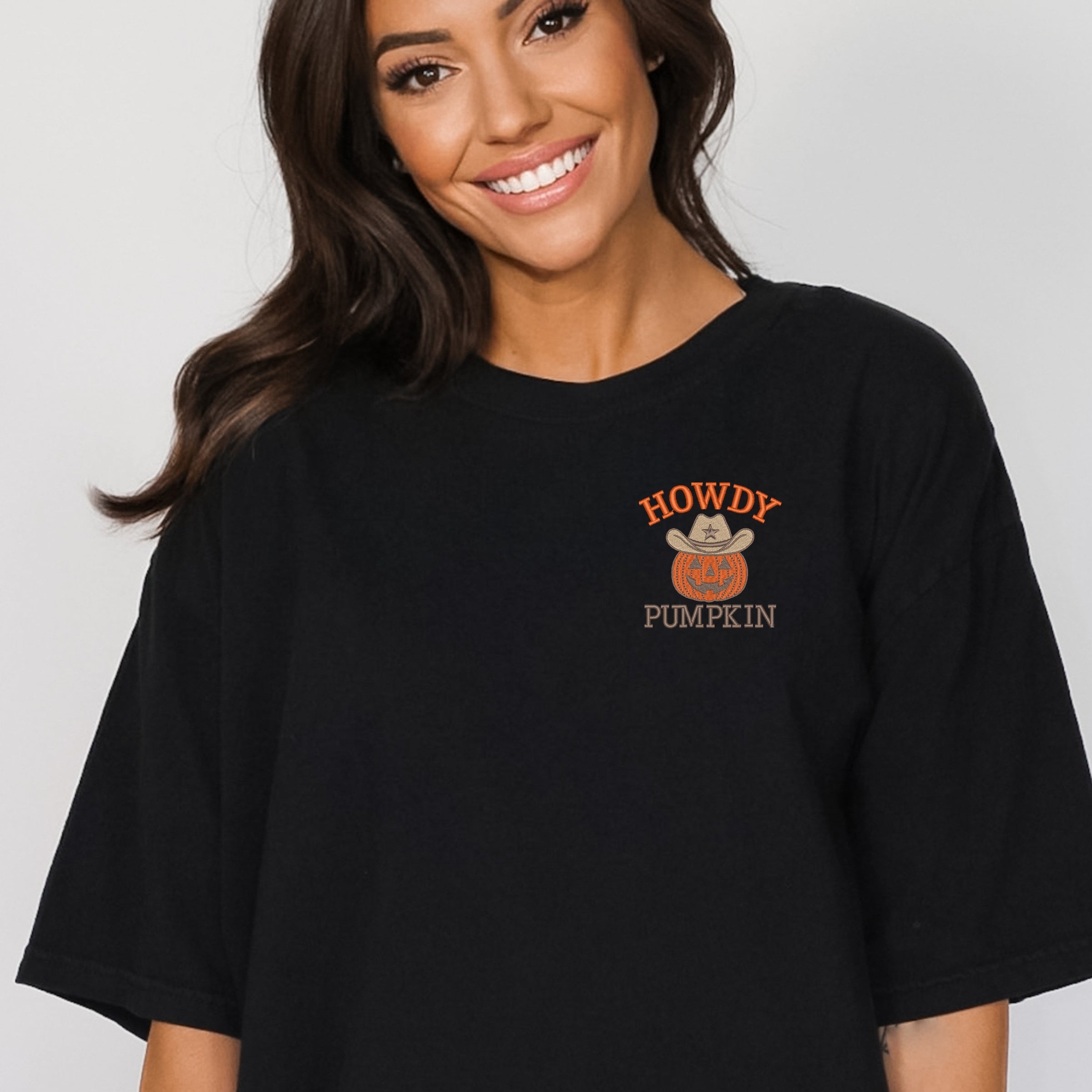 Embroidered Howdy Pumpkin - Women's Garment Dyed Tee