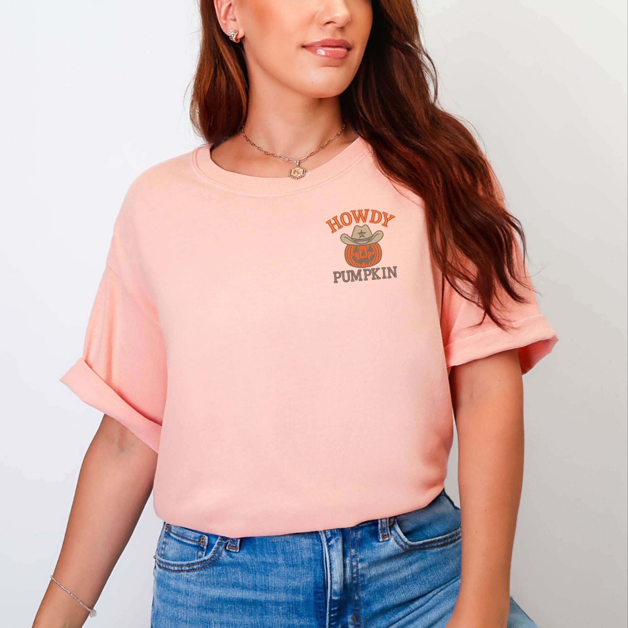 Embroidered Howdy Pumpkin - Women's Garment Dyed Tee