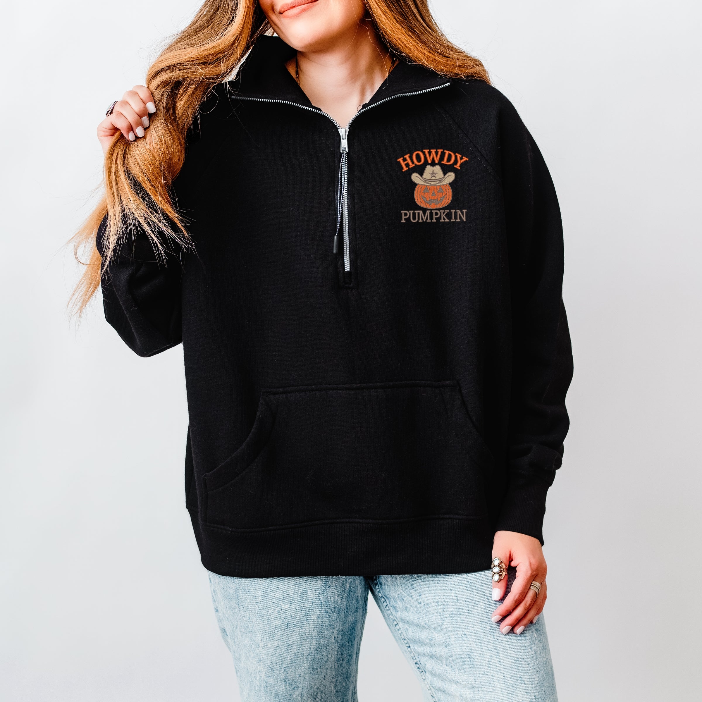 Embroidered Howdy Pumpkin - Women's Quarter Zip Fleece