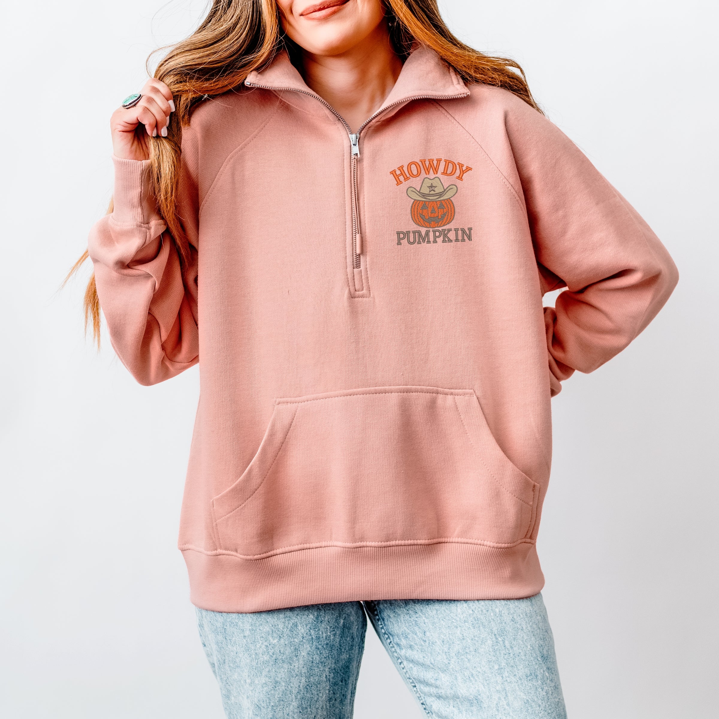 Embroidered Howdy Pumpkin - Women's Quarter Zip Fleece