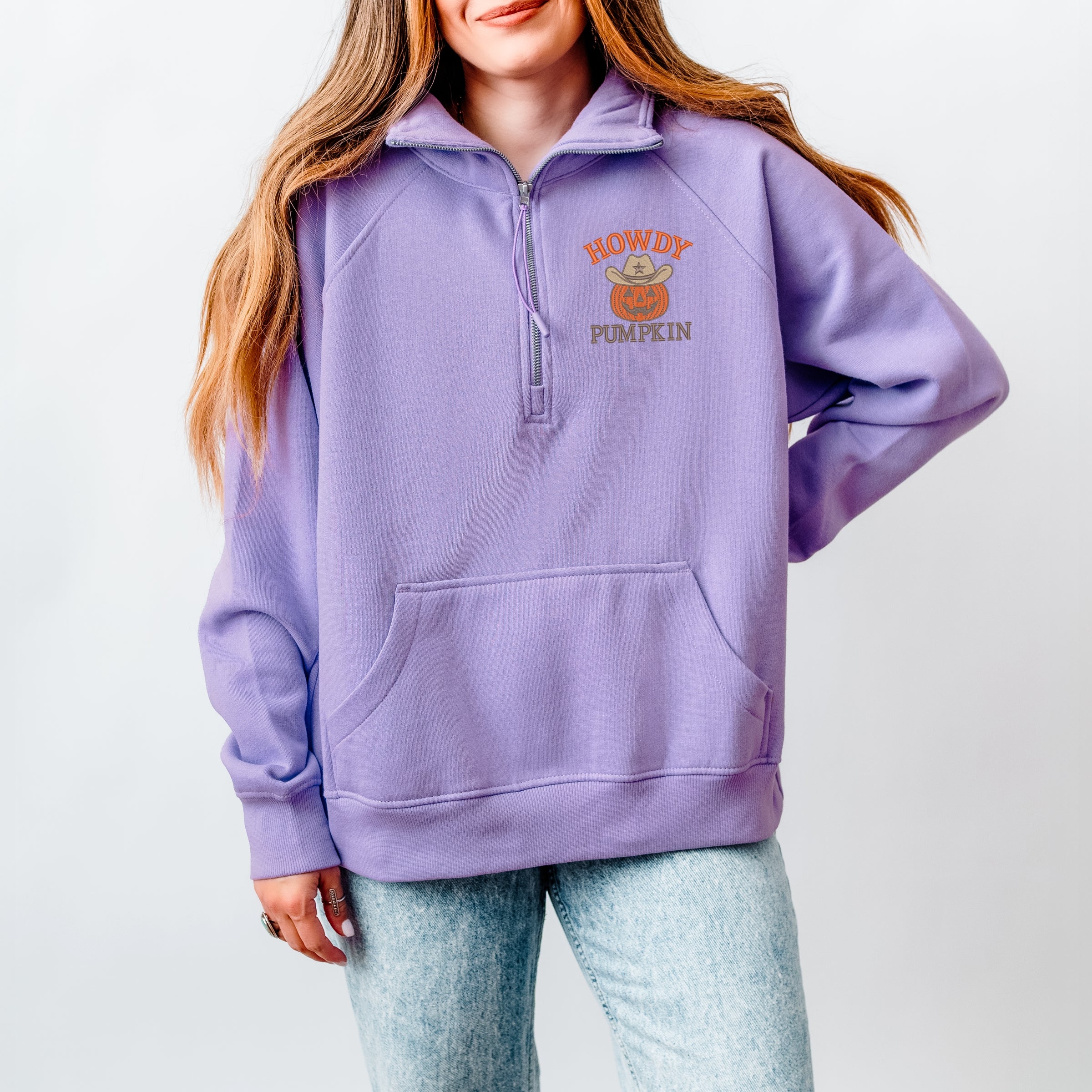Embroidered Howdy Pumpkin - Women's Quarter Zip Fleece