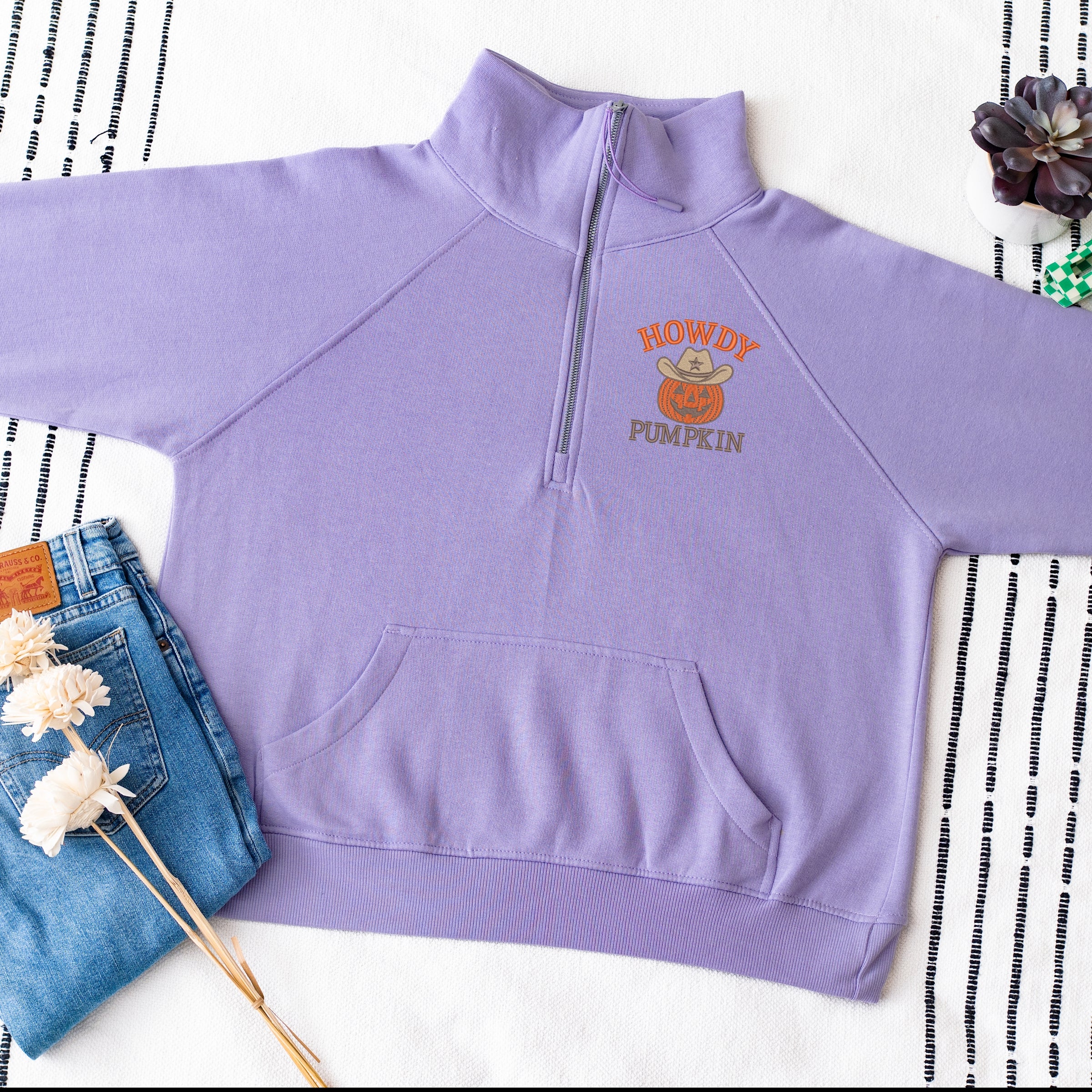Embroidered Howdy Pumpkin - Women's Quarter Zip Fleece