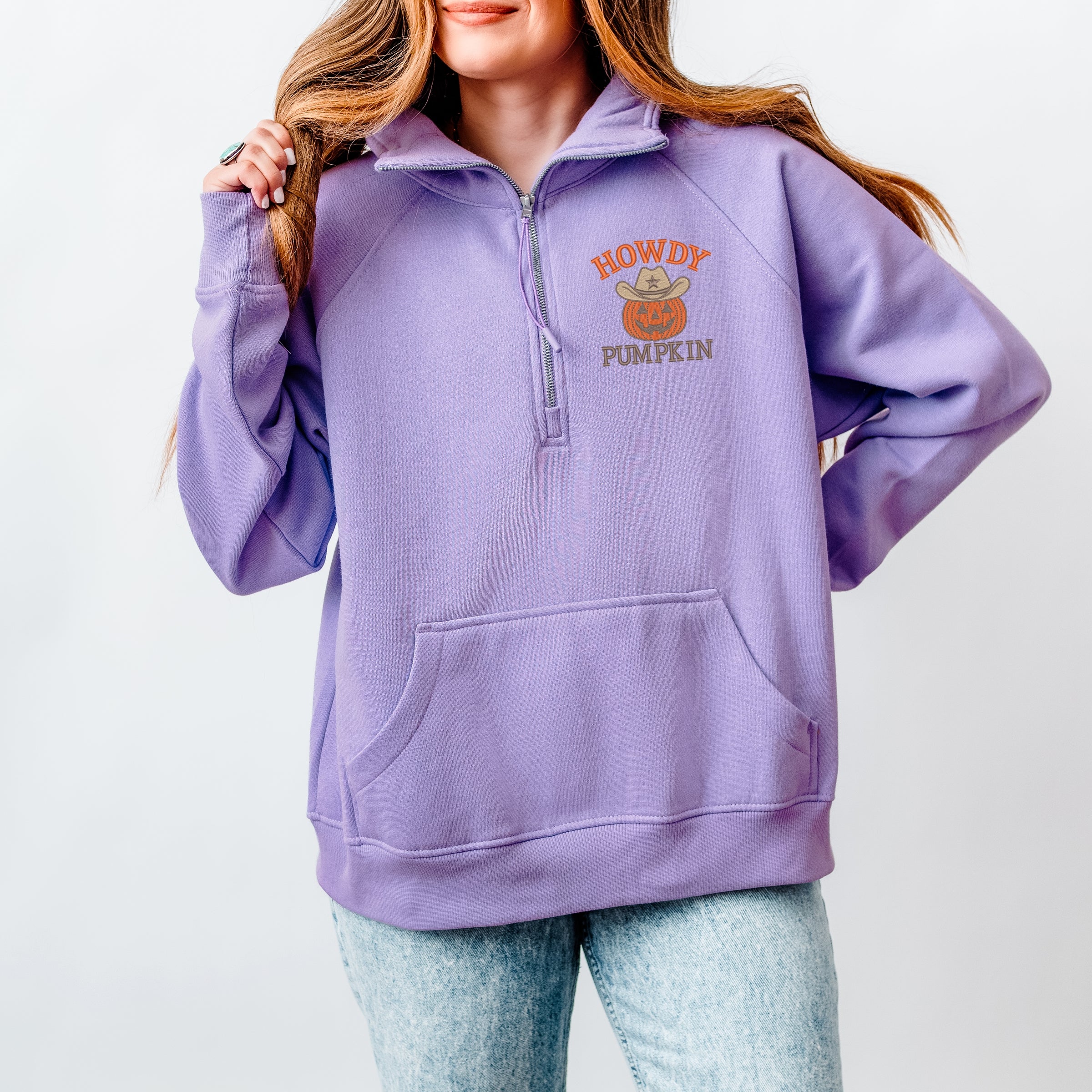 Embroidered Howdy Pumpkin - Women's Quarter Zip Fleece