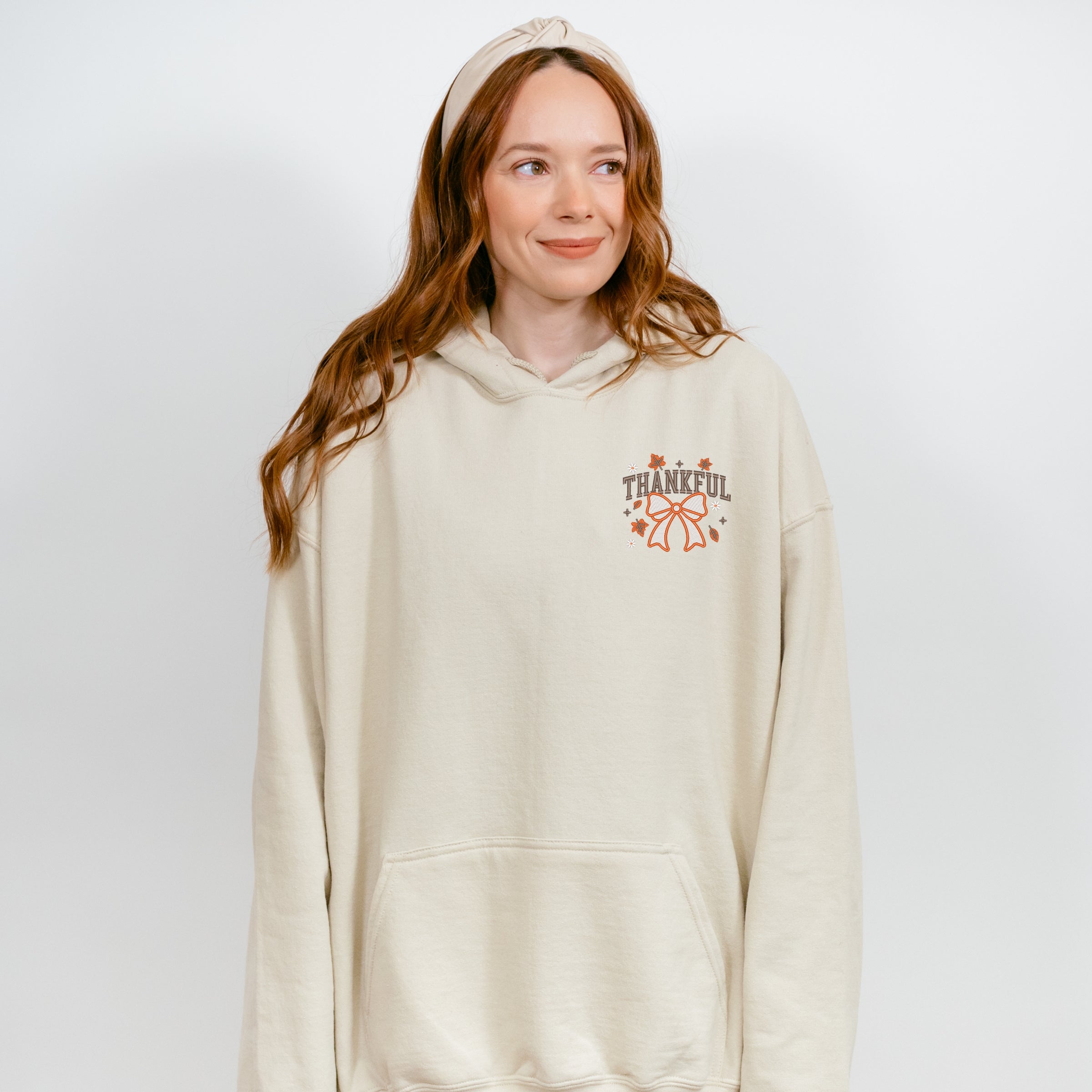 Embroidered Coquette Thankful - Women's Graphic Hoodie