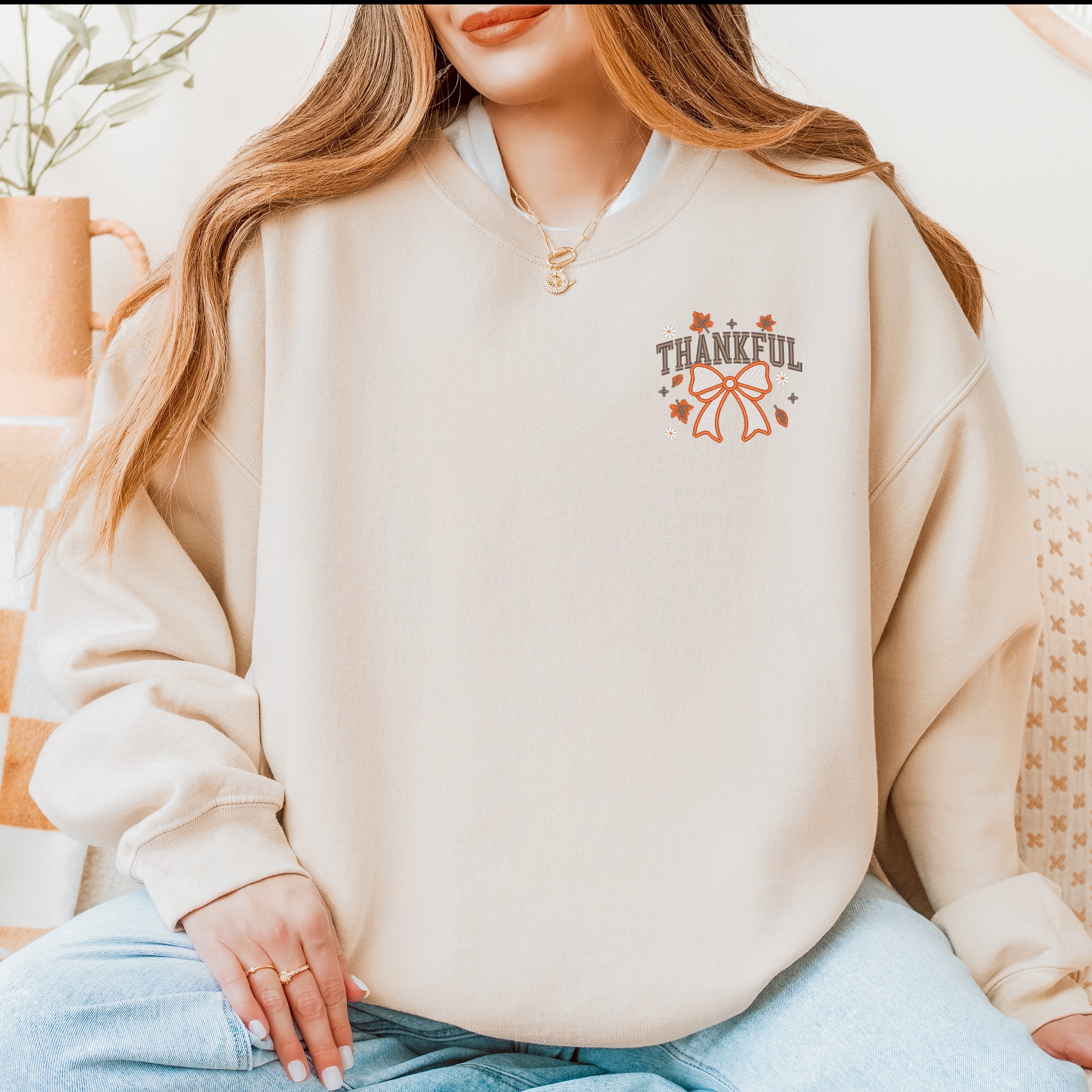 Embroidered Coquette Thankful - Women's Graphic Sweatshirt