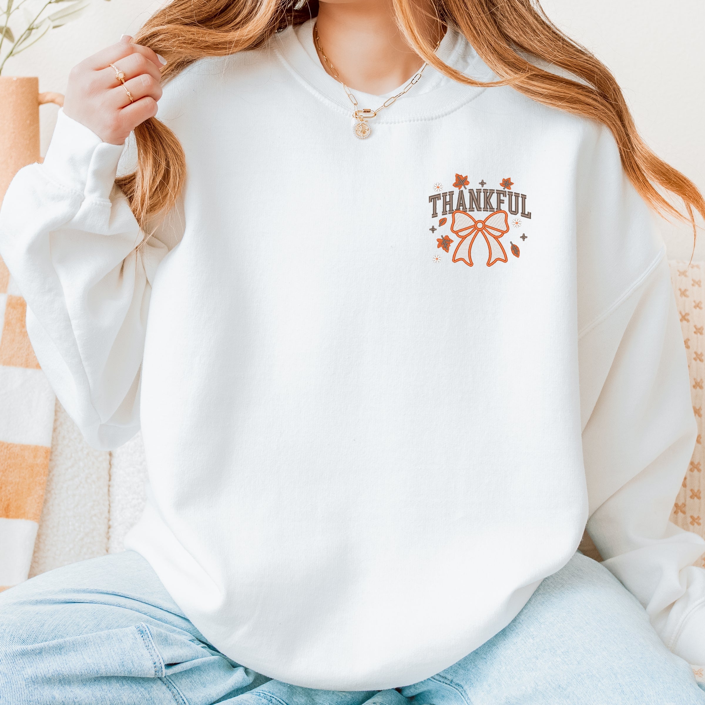 Embroidered Coquette Thankful - Women's Graphic Sweatshirt