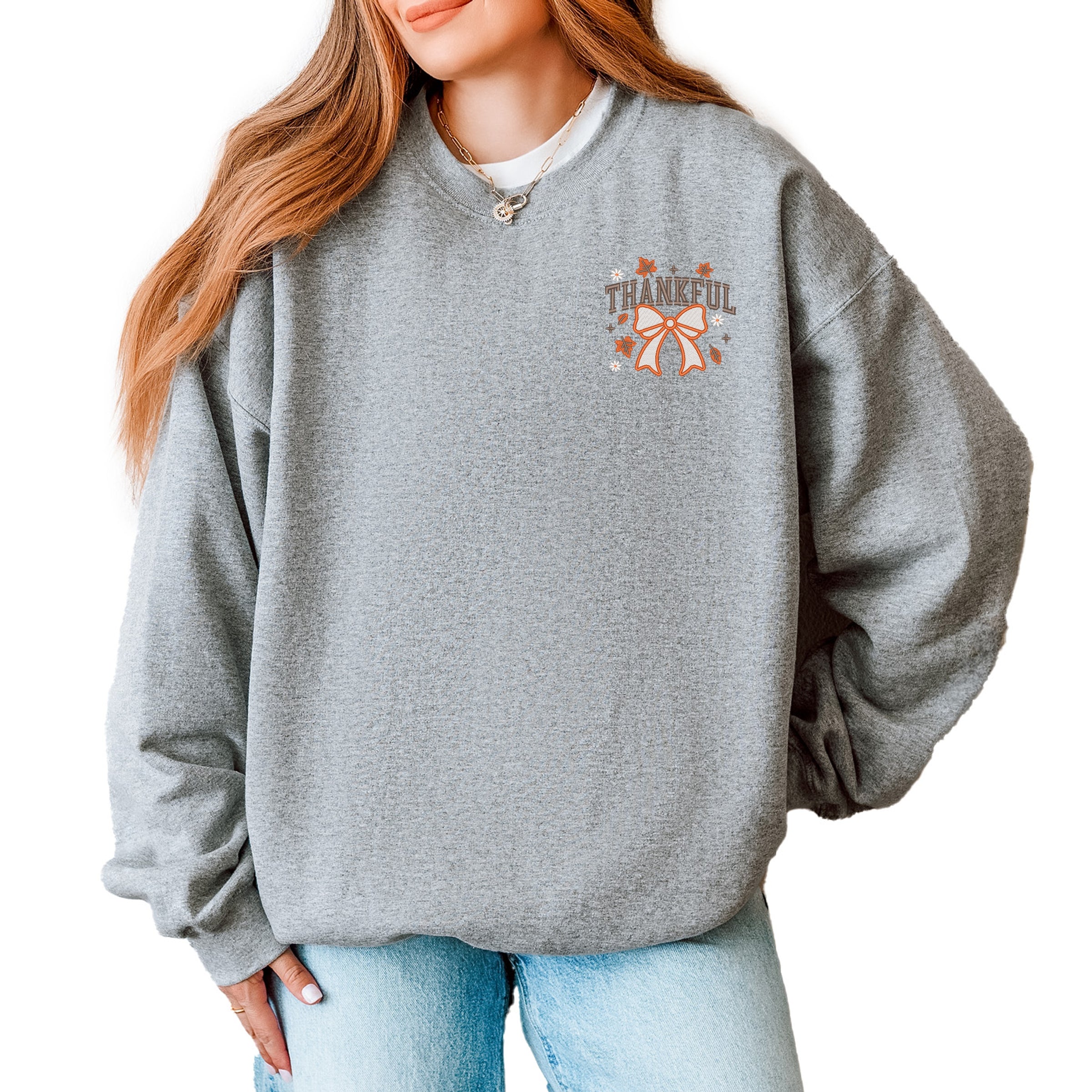 Embroidered Coquette Thankful - Women's Graphic Sweatshirt