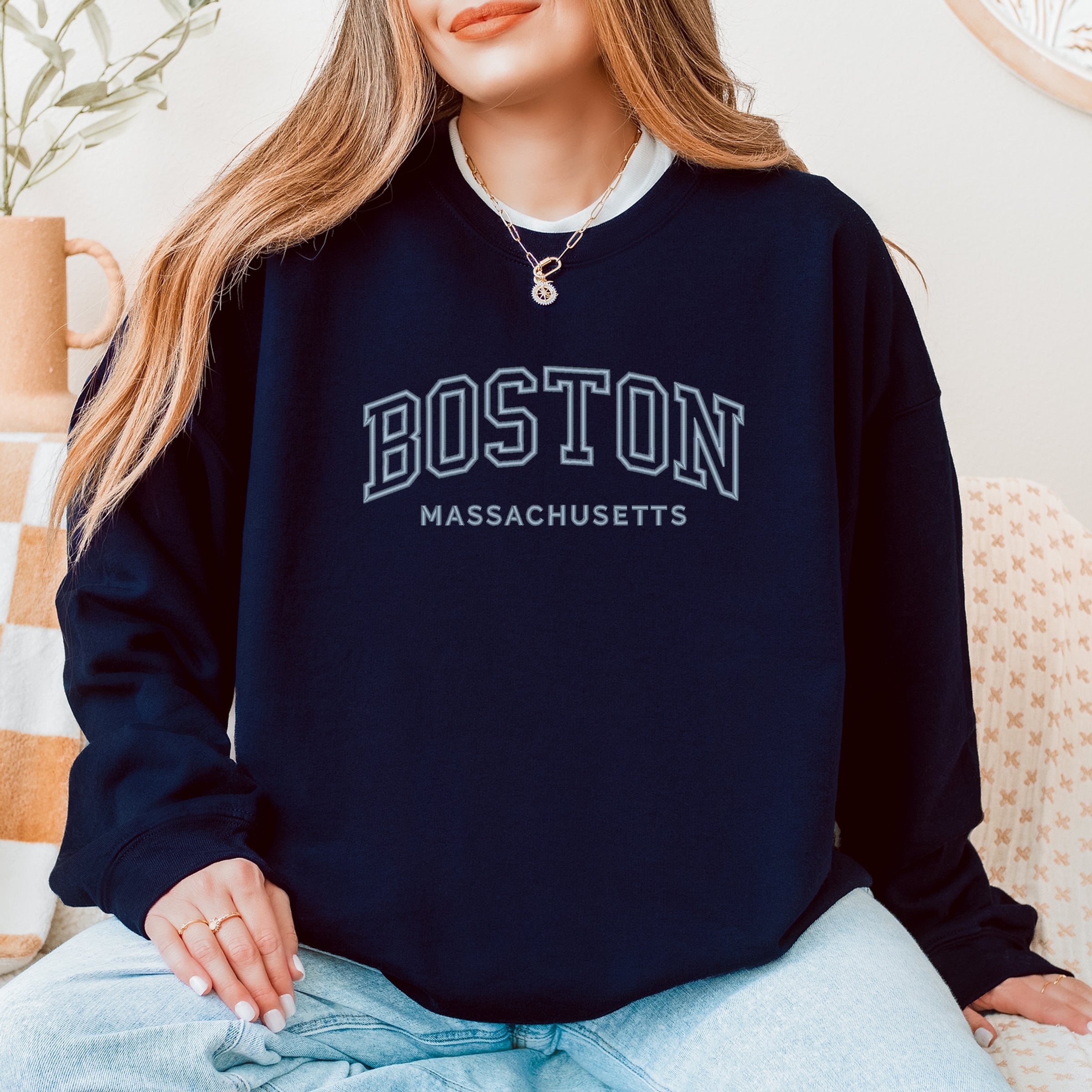 Embroidered Boston Massachusetts -  Womens Graphic Sweatshirt