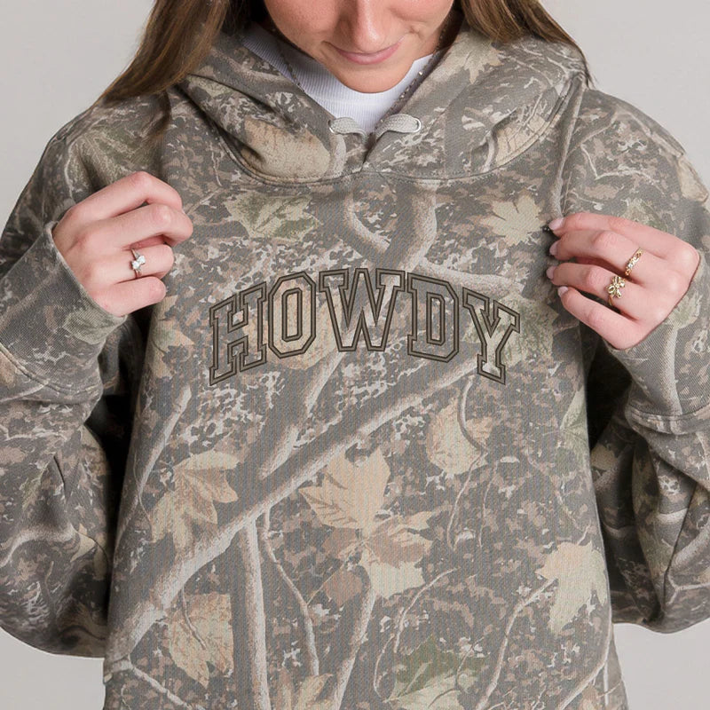Embroidered Howdy Varsity Outline - Camo Hoodie