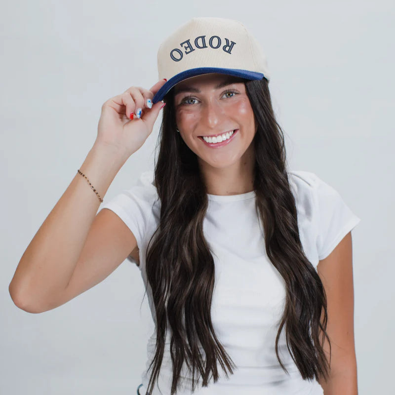 3D Puff Embroidered Rodeo Upside Down Arch - Women's Corduroy Trucker Hat