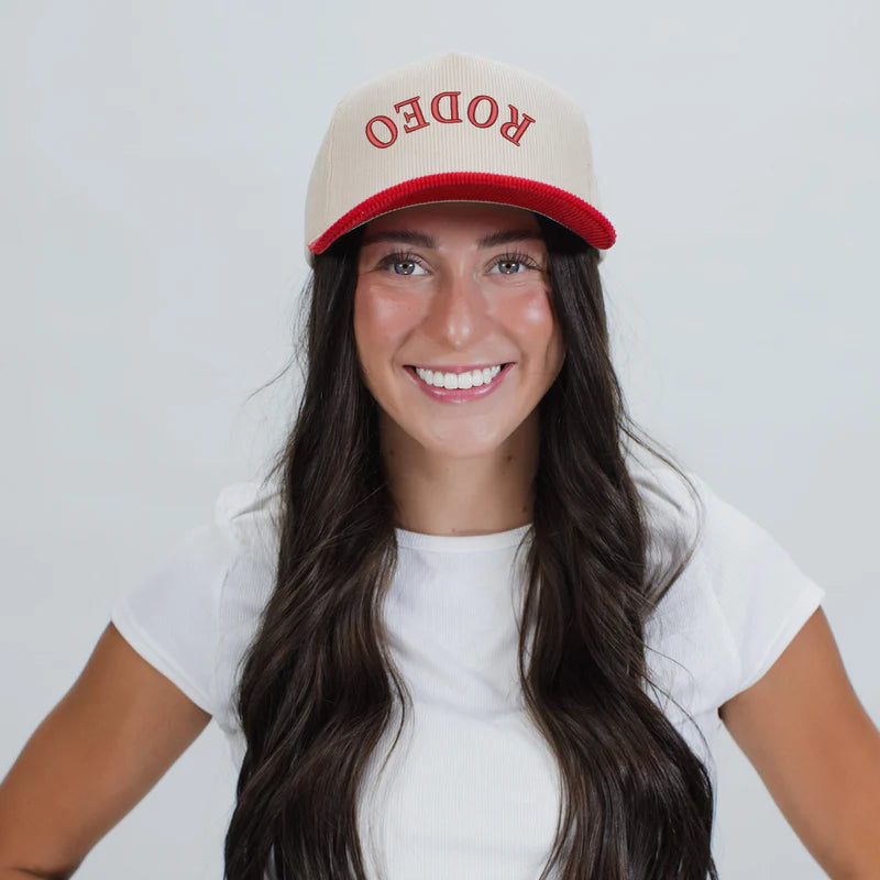 3D Puff Embroidered Rodeo Upside Down Arch - Women's Corduroy Trucker Hat