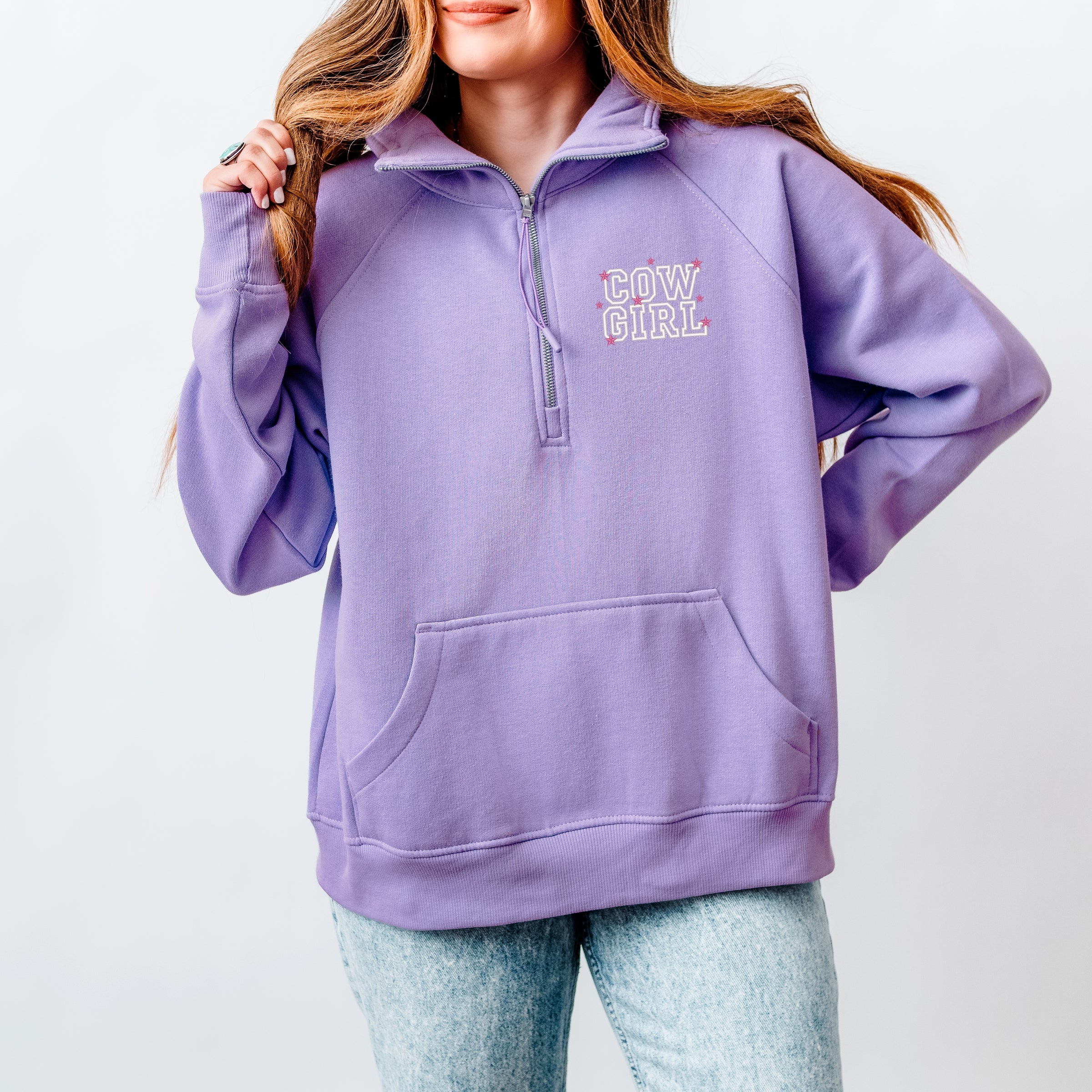 Embroidered Cow Girl Stacked - Women's Quarter Zip Fleece Graphic Sweatshirt