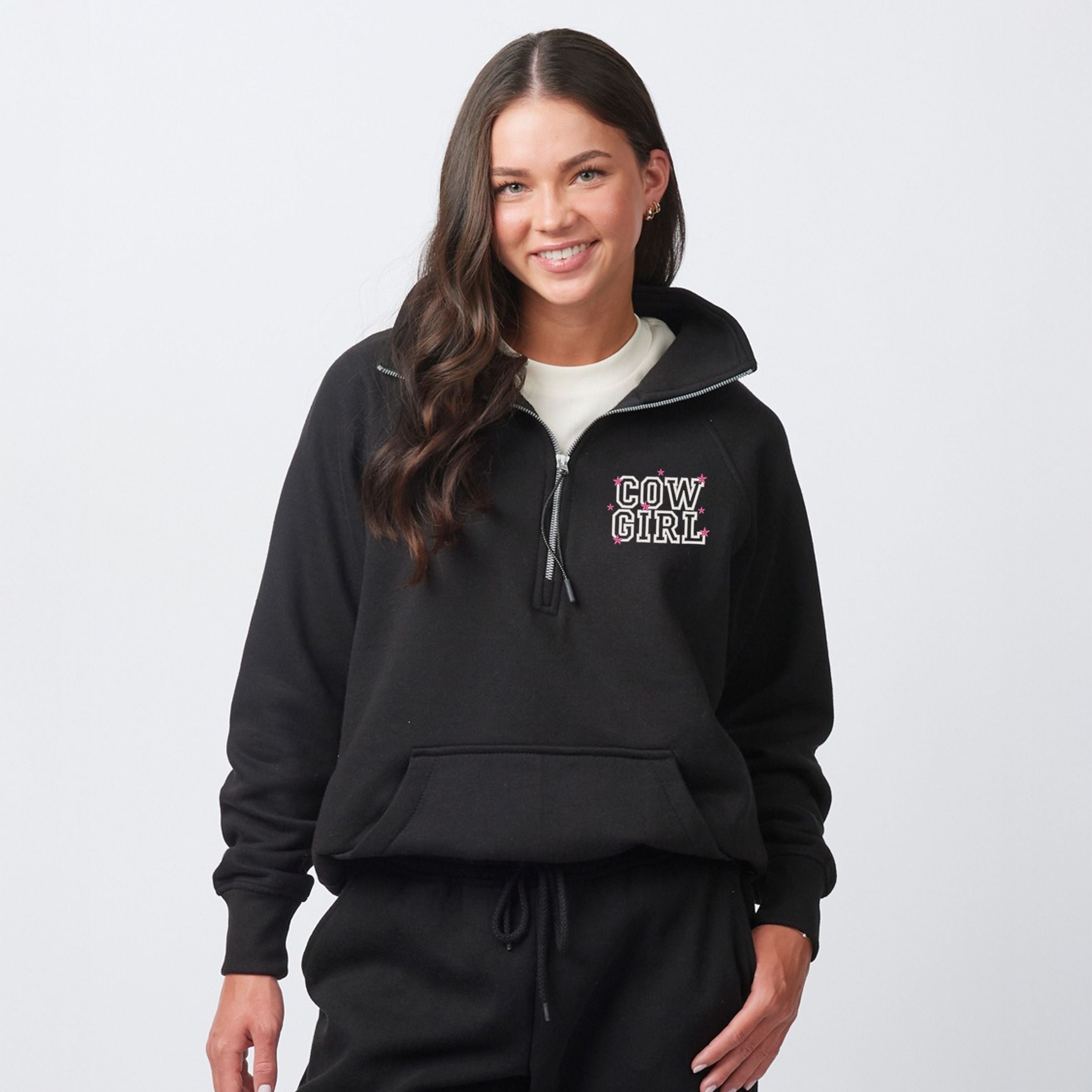 Embroidered Cow Girl Stacked - Women's Quarter Zip Fleece Graphic Sweatshirt