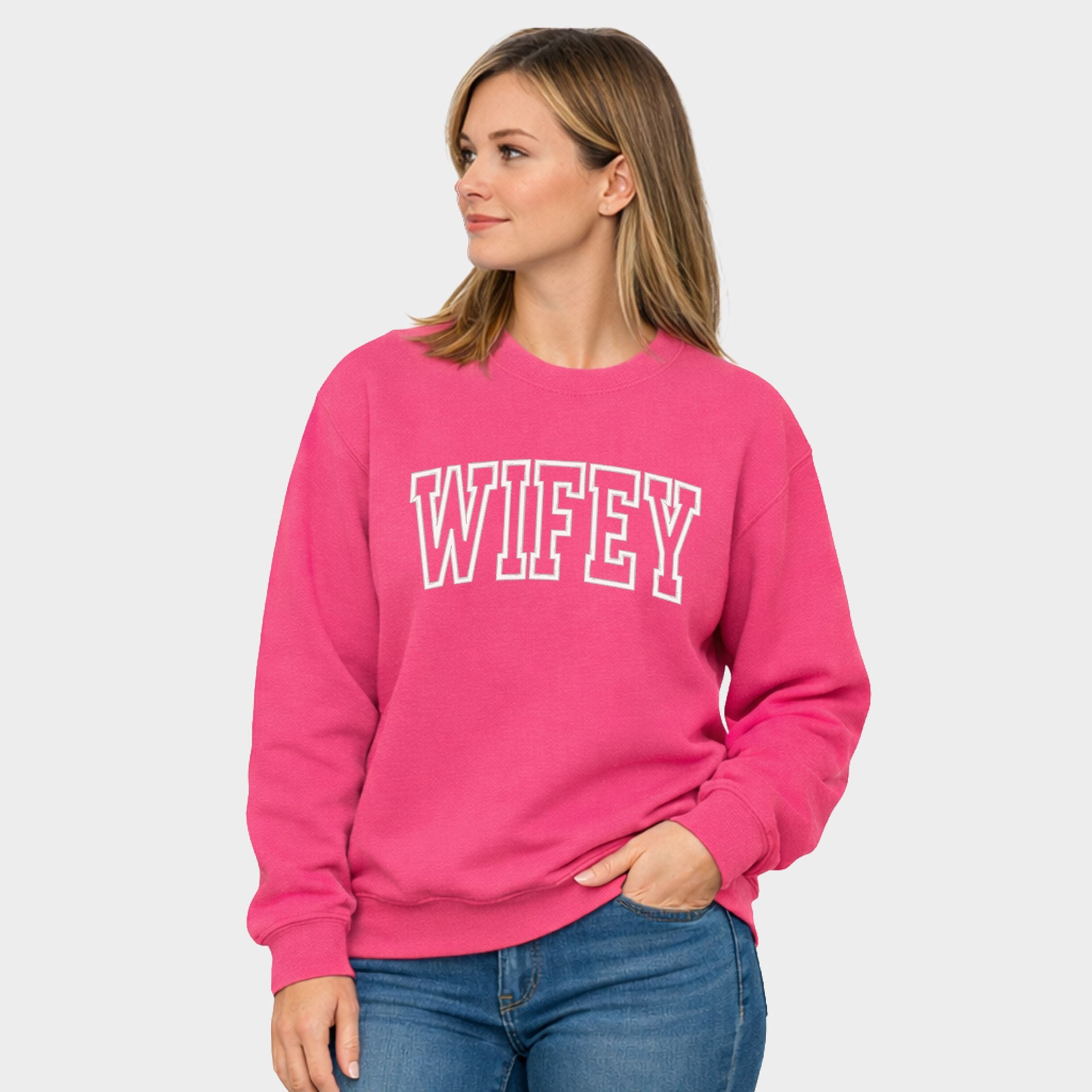 Embroidered Wifey Arched Varsity - Women's Graphic Sweatshirt