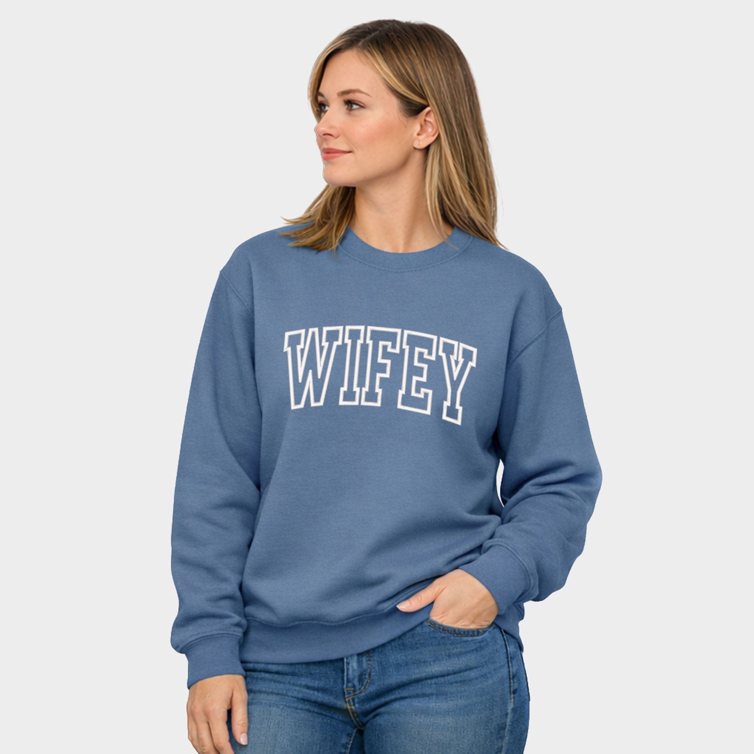 Embroidered Wifey Arched Varsity - Women's Graphic Sweatshirt