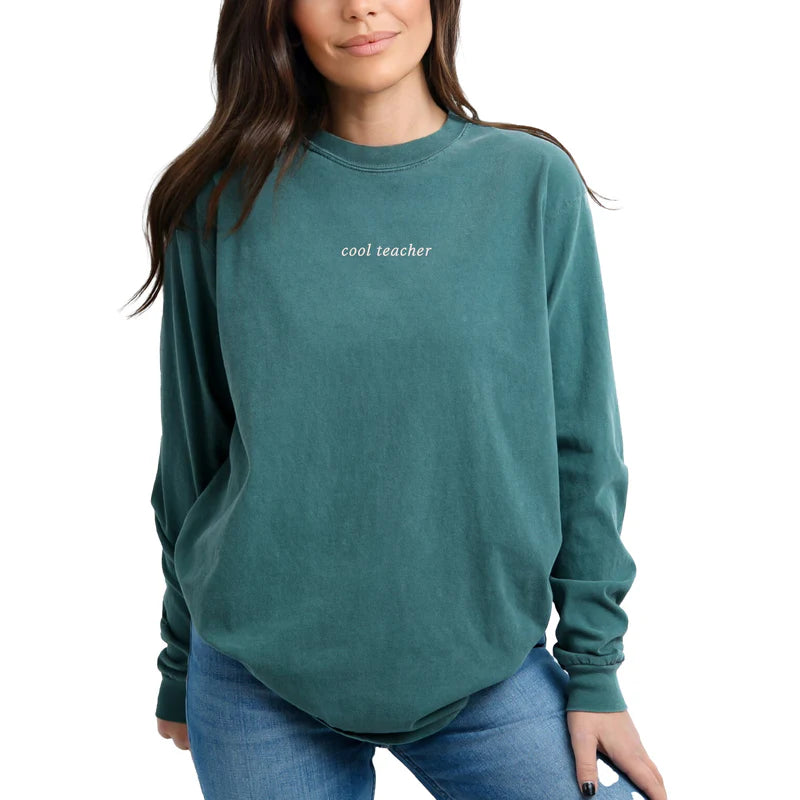 Embroidered Cool Teacher - Women's Garment Dyed Long Sleeve Graphic T-Shirt