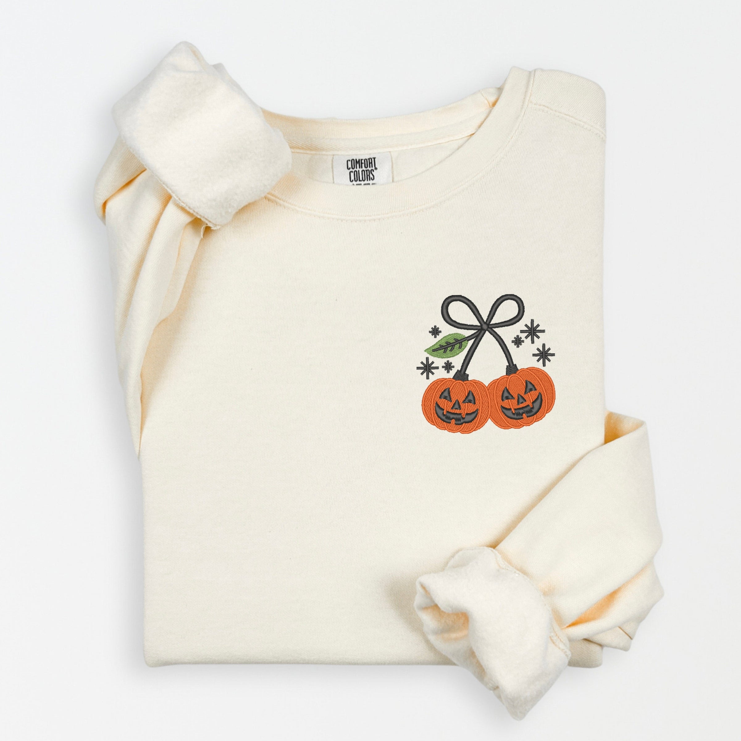 Embroidered Pumpkin Bow - Women's Lightweight Garment Dyed Sweatshirt