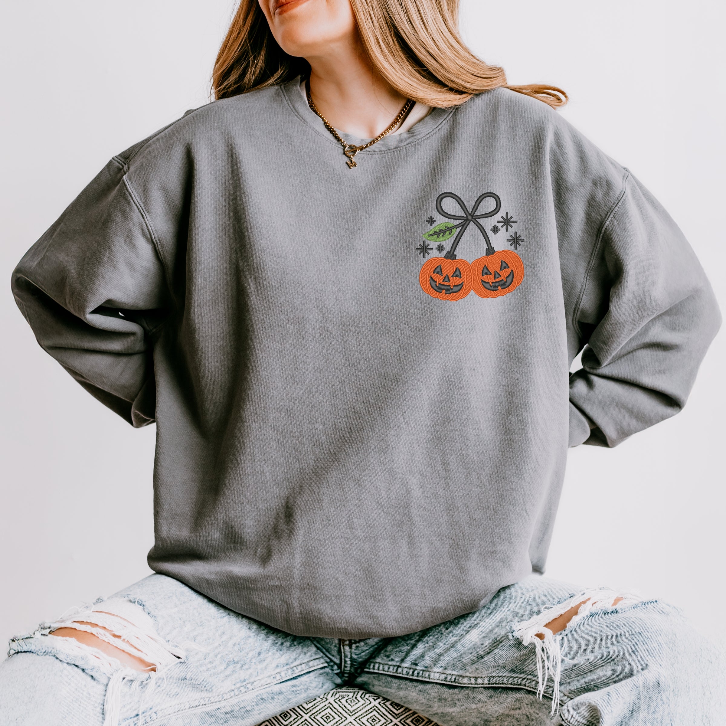 Embroidered Pumpkin Bow - Women's Lightweight Garment Dyed Sweatshirt