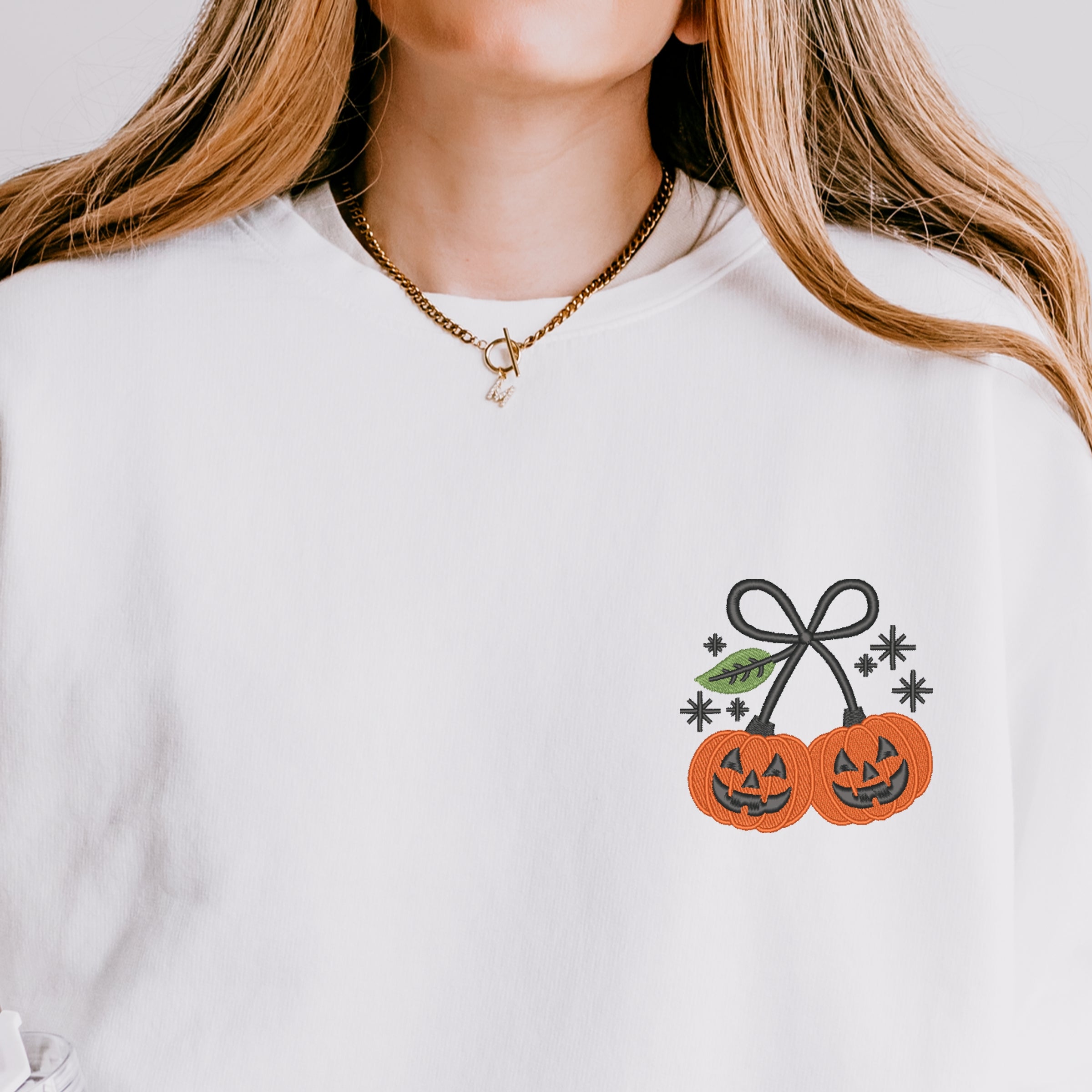 Embroidered Pumpkin Bow - Women's Lightweight Garment Dyed Sweatshirt