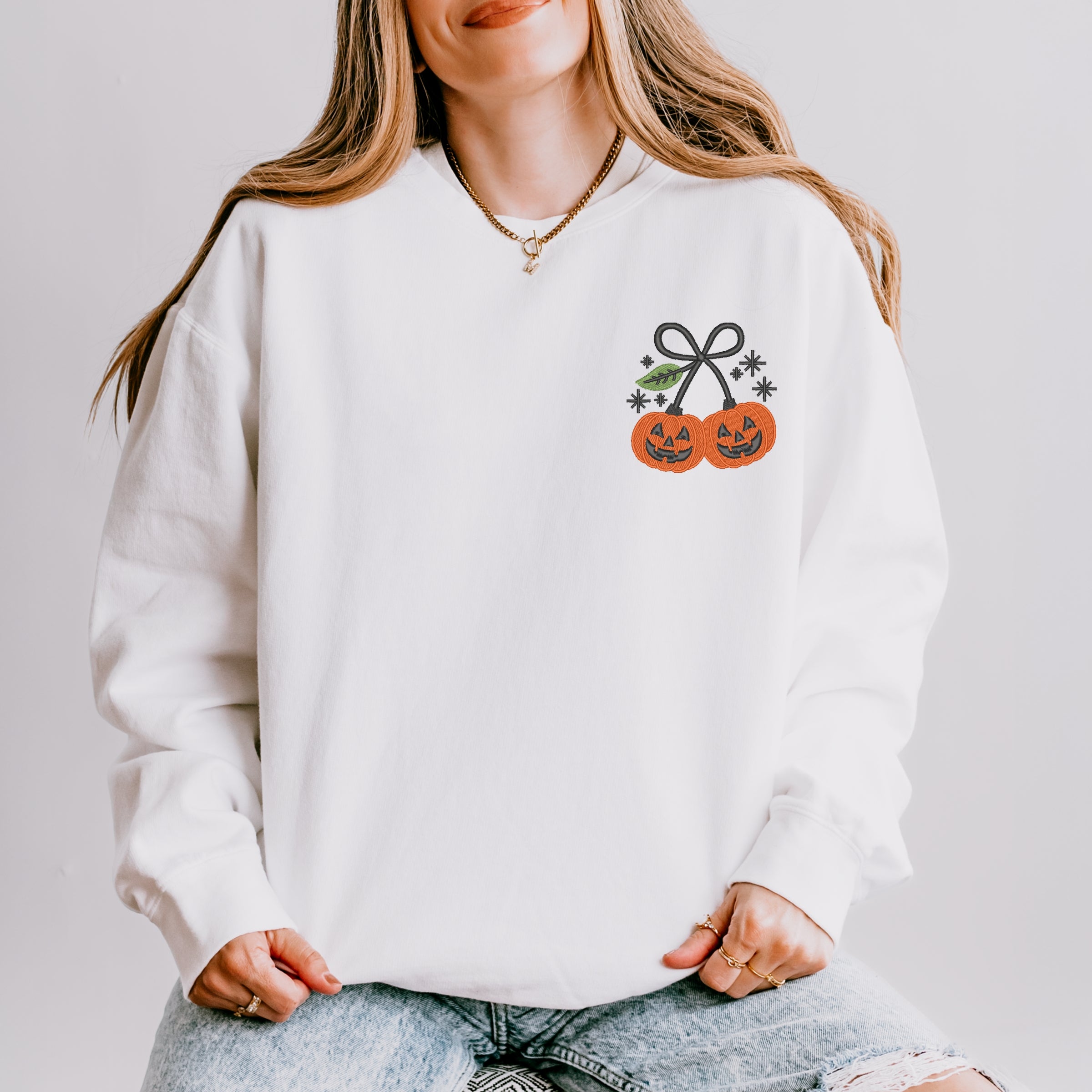 Embroidered Pumpkin Bow - Women's Lightweight Garment Dyed Sweatshirt