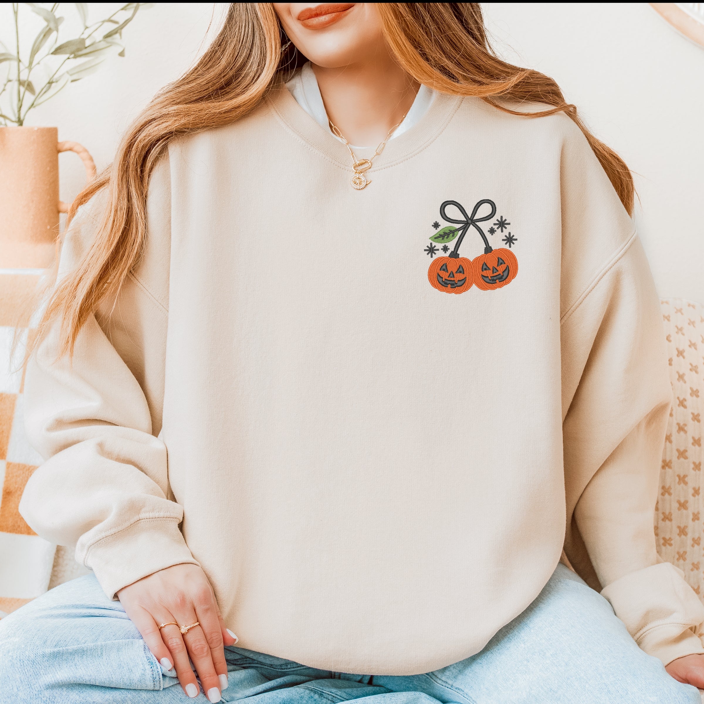 Embroidered Pumpkin Bow -  Women's Sweatshirt