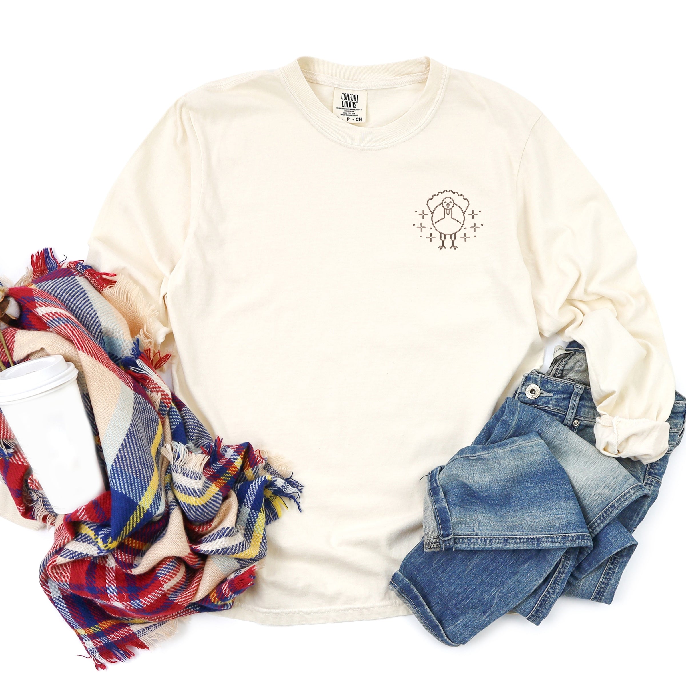 Embroidered Turkey Sparkles - Women's Garment Dyed Long Sleeve