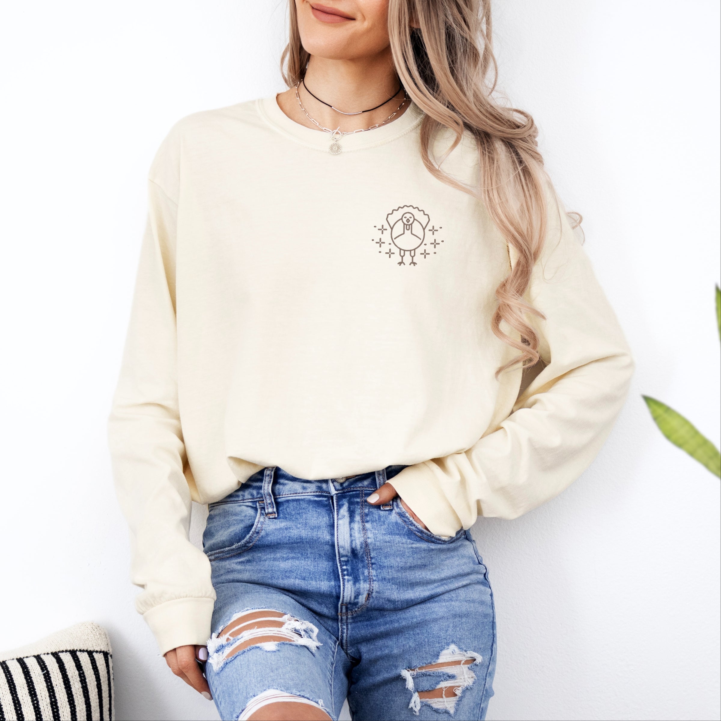 Embroidered Turkey Sparkles - Women's Garment Dyed Long Sleeve